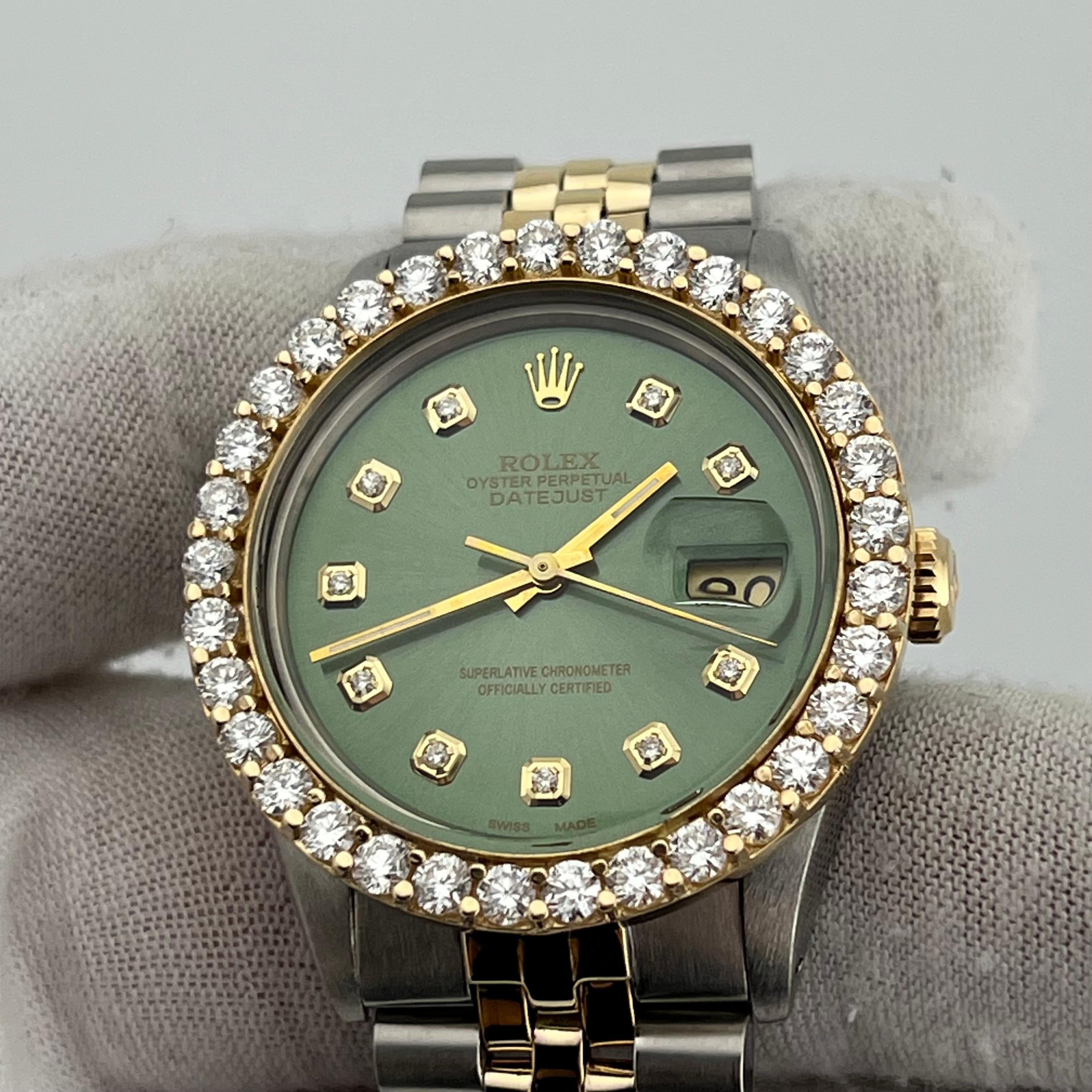 Rolex Datejust 16030 36mm Green Diamond Dial Diamond Bezel 18K Yellow Gold Steel 6