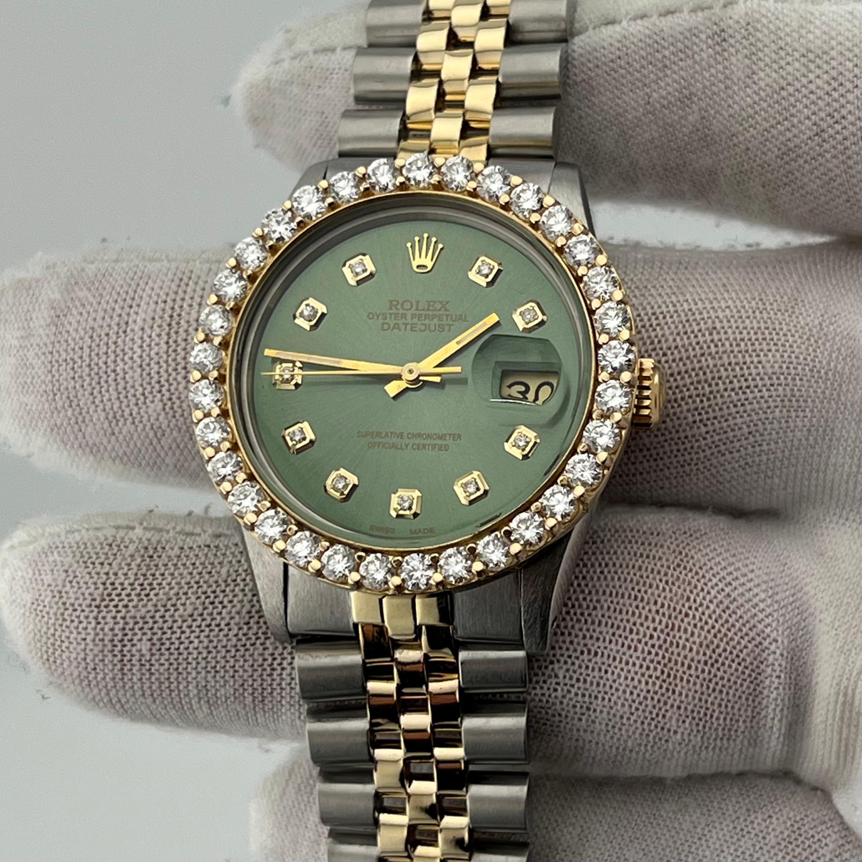 Rolex Datejust 16030 36mm Green Diamond Dial Diamond Bezel 18K Yellow Gold Steel 11