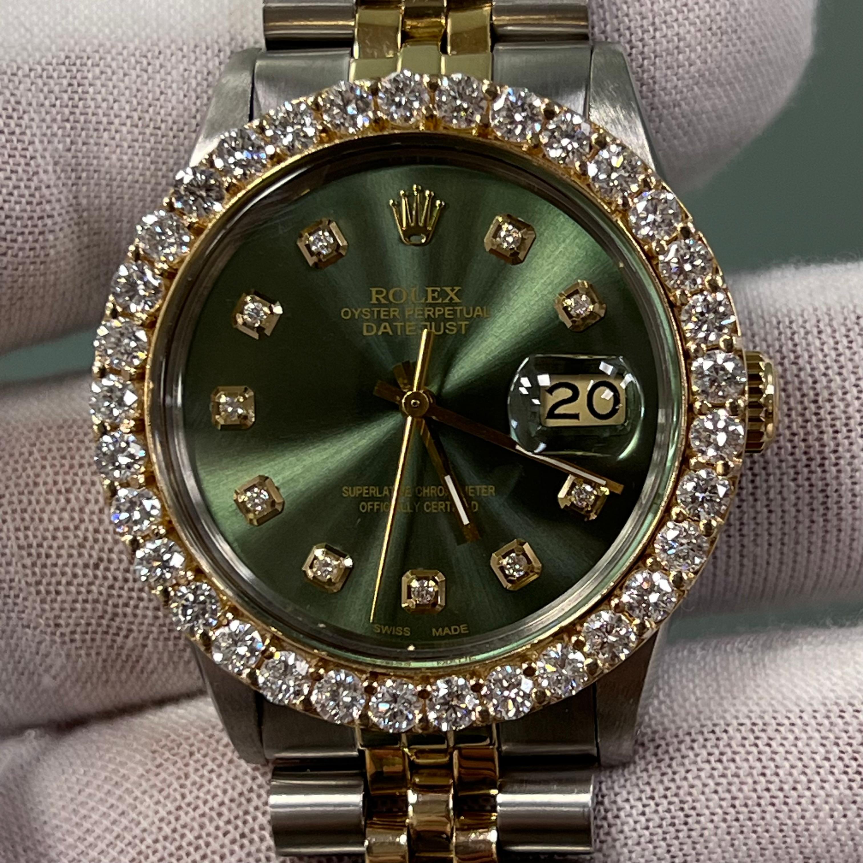 Style Number: 16030



Serial: 7263***


Year: 1982

 

Model: Rolex Datejust

 

Case Material: Stainless Steel 

 

Band:  18K Yellow Gold & Stainless Steel 

 

Bezel:  Custom Diamond Bezel 

 

Dial:  Custom Green Diamond Dial 

 

Face: