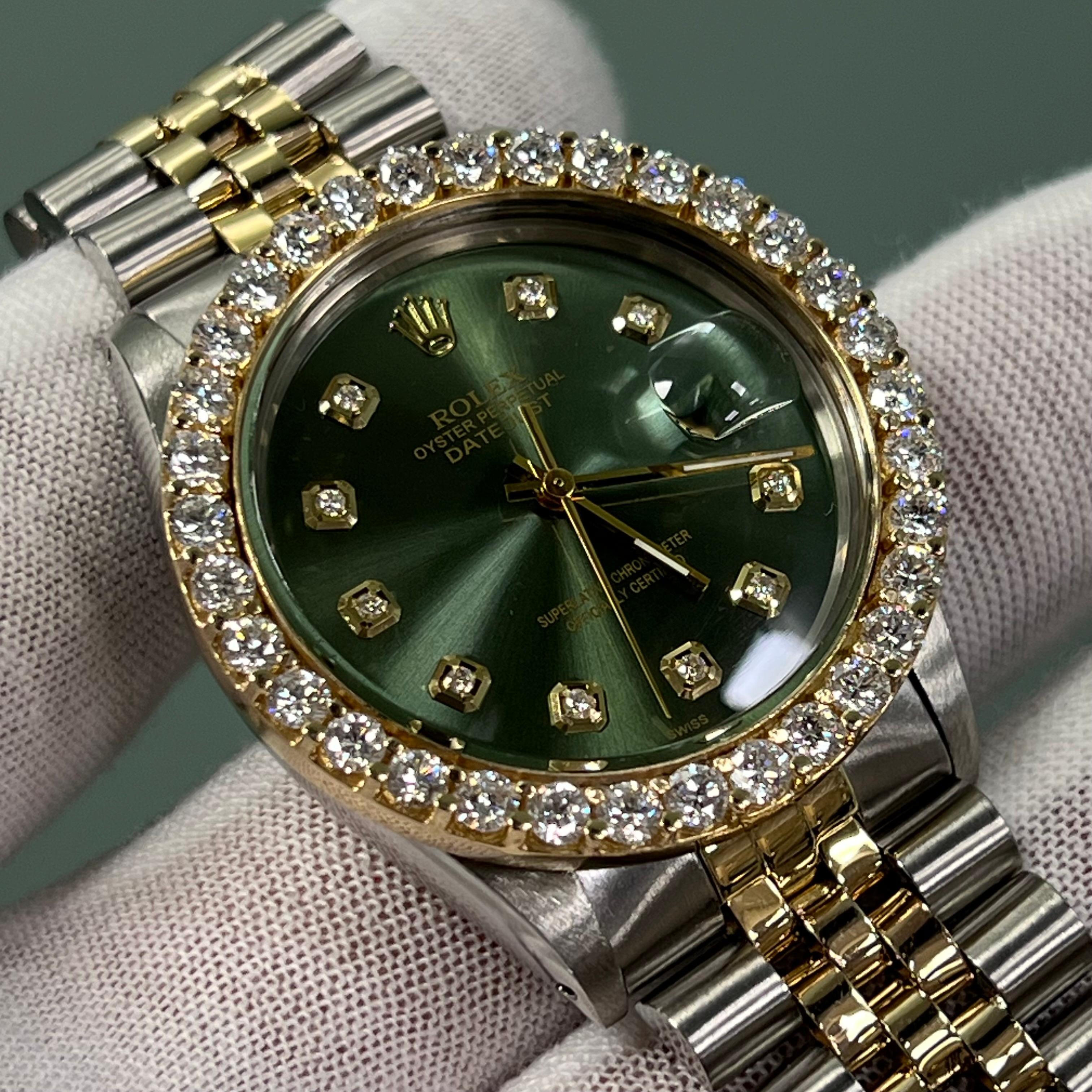Rolex Datejust 16030 36mm Green Diamond Dial Diamond Bezel 18K Yellow Gold Steel In Excellent Condition In San Diego, CA