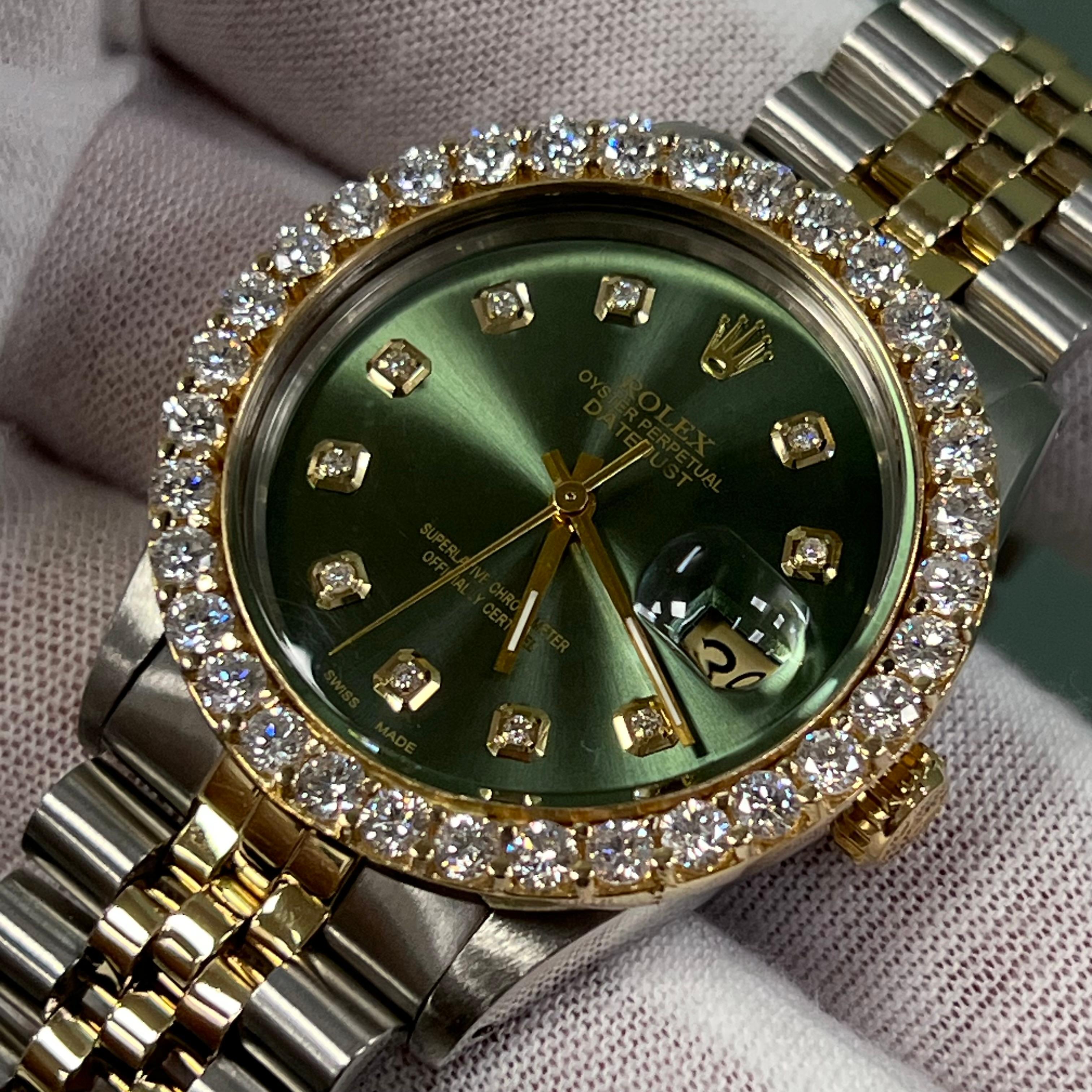 Men's Rolex Datejust 16030 36mm Green Diamond Dial Diamond Bezel 18K Yellow Gold Steel
