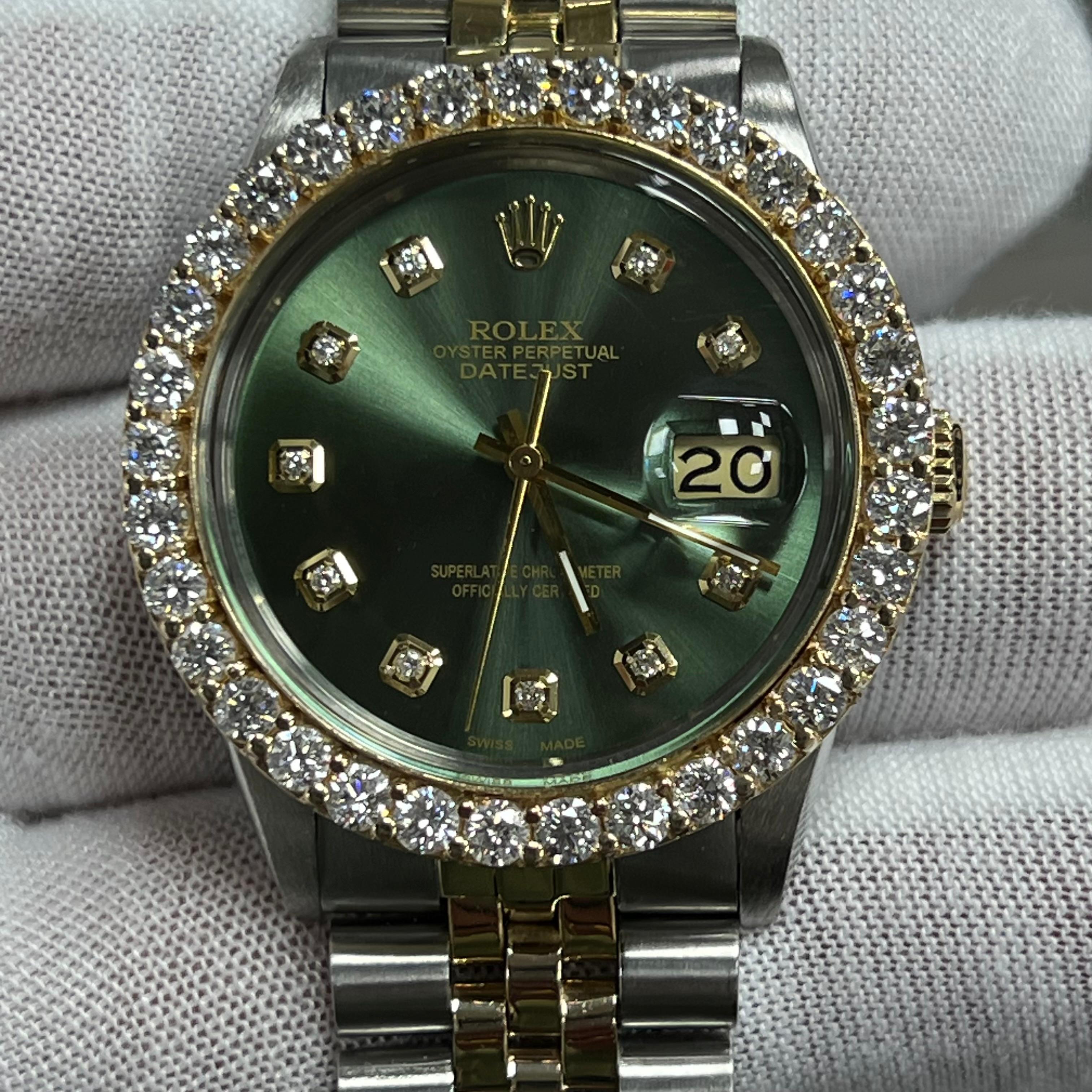 Rolex Datejust 16030 36mm Green Diamond Dial Diamond Bezel 18K Yellow Gold Steel 1