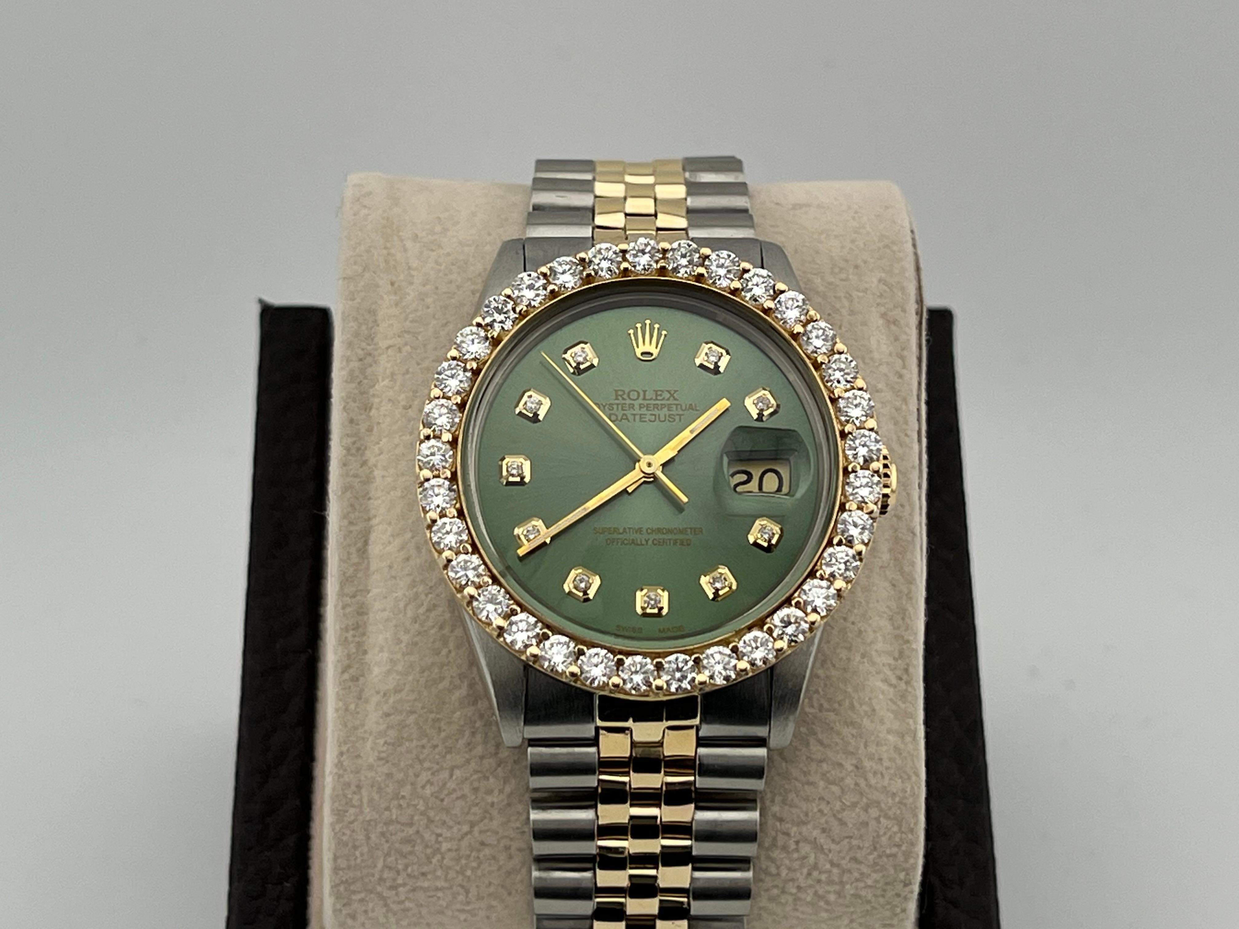 Rolex Datejust 16030 36mm Green Diamond Dial Diamond Bezel 18K Yellow Gold Steel 2