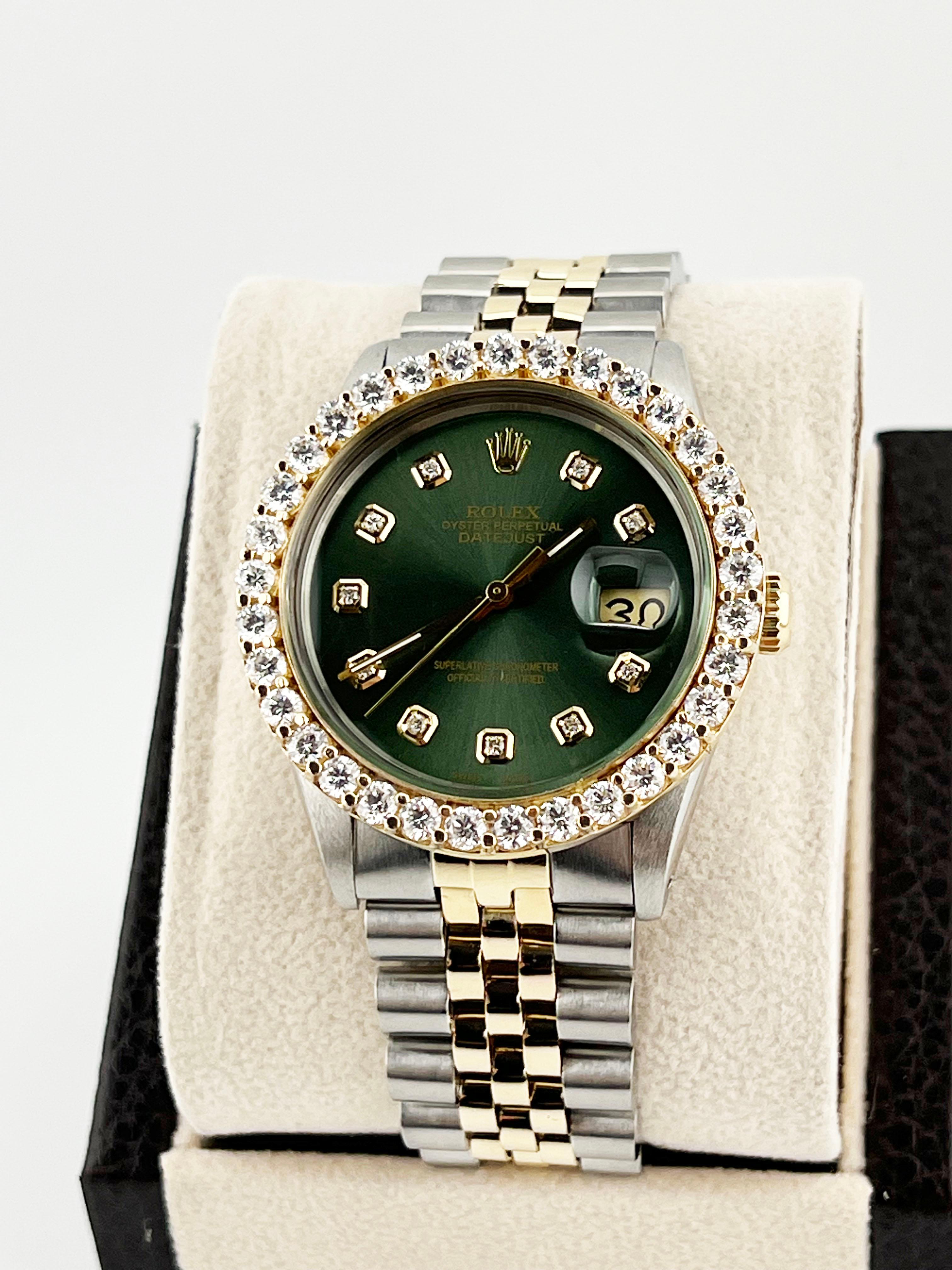 Rolex Datejust 16030 36mm Green Diamond Dial Diamond Bezel 18K Yellow Gold Steel 3