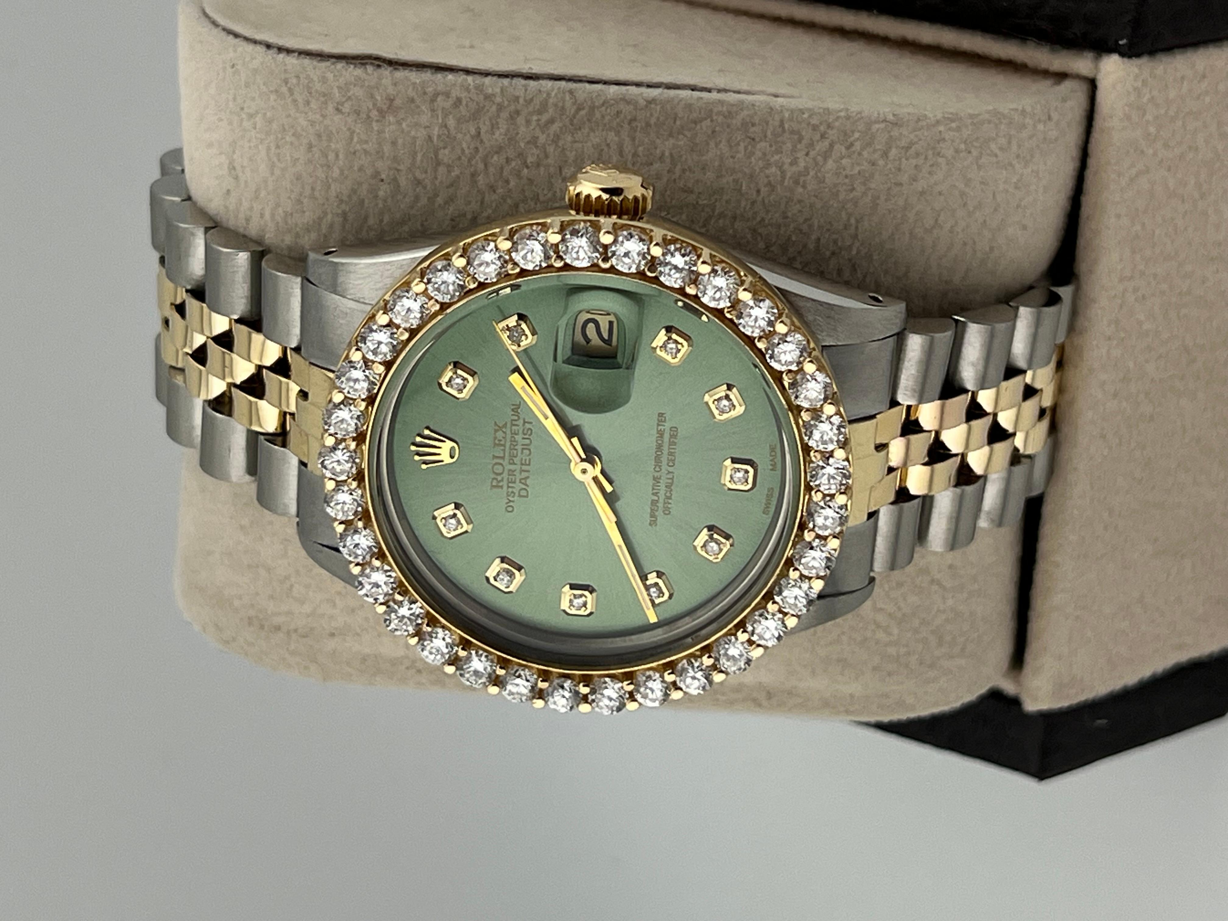 Rolex Datejust 16030 36mm Green Diamond Dial Diamond Bezel 18K Yellow Gold Steel 4