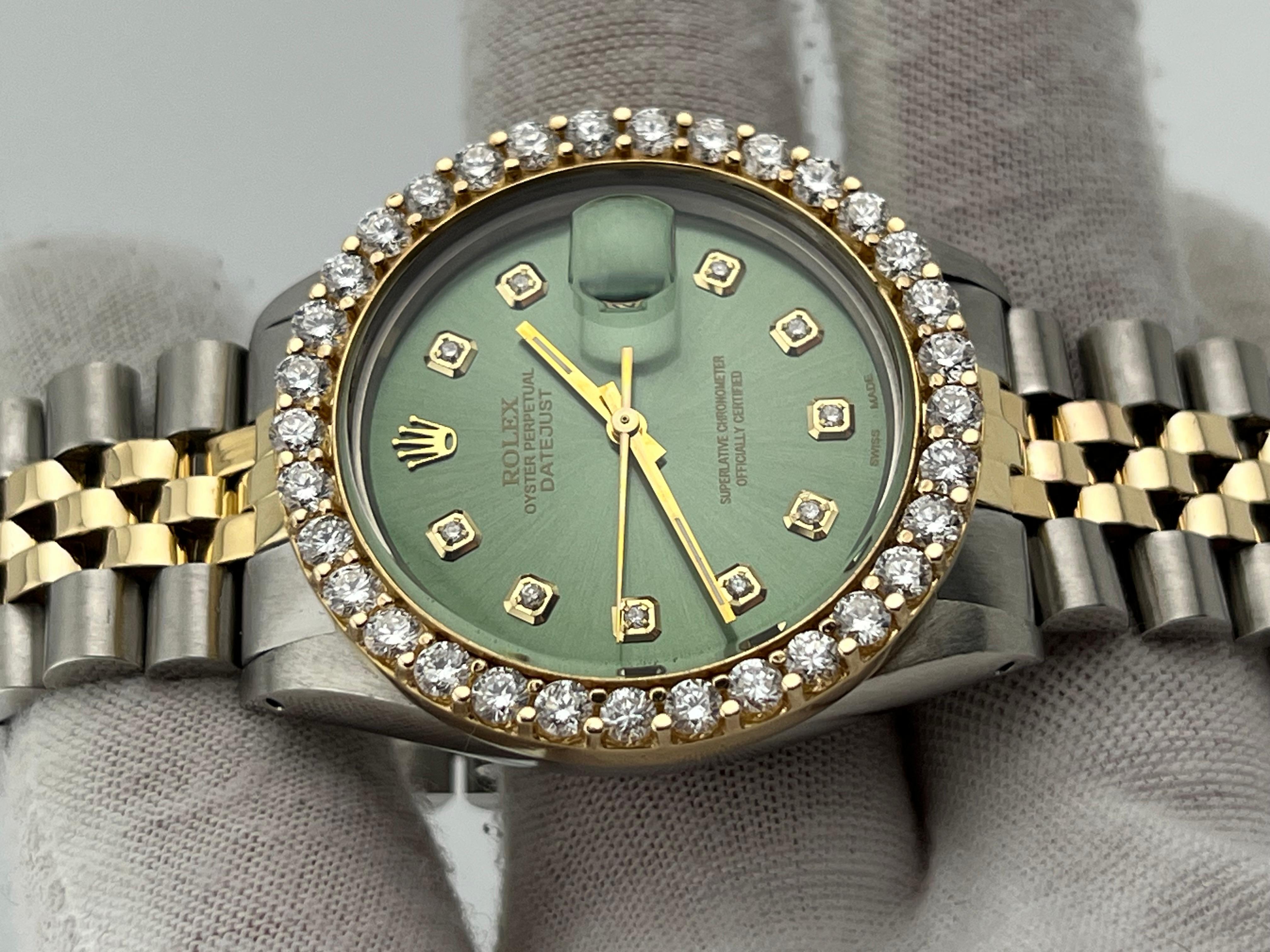 Rolex Datejust 16030 36mm Green Diamond Dial Diamond Bezel 18K Yellow Gold Steel 5