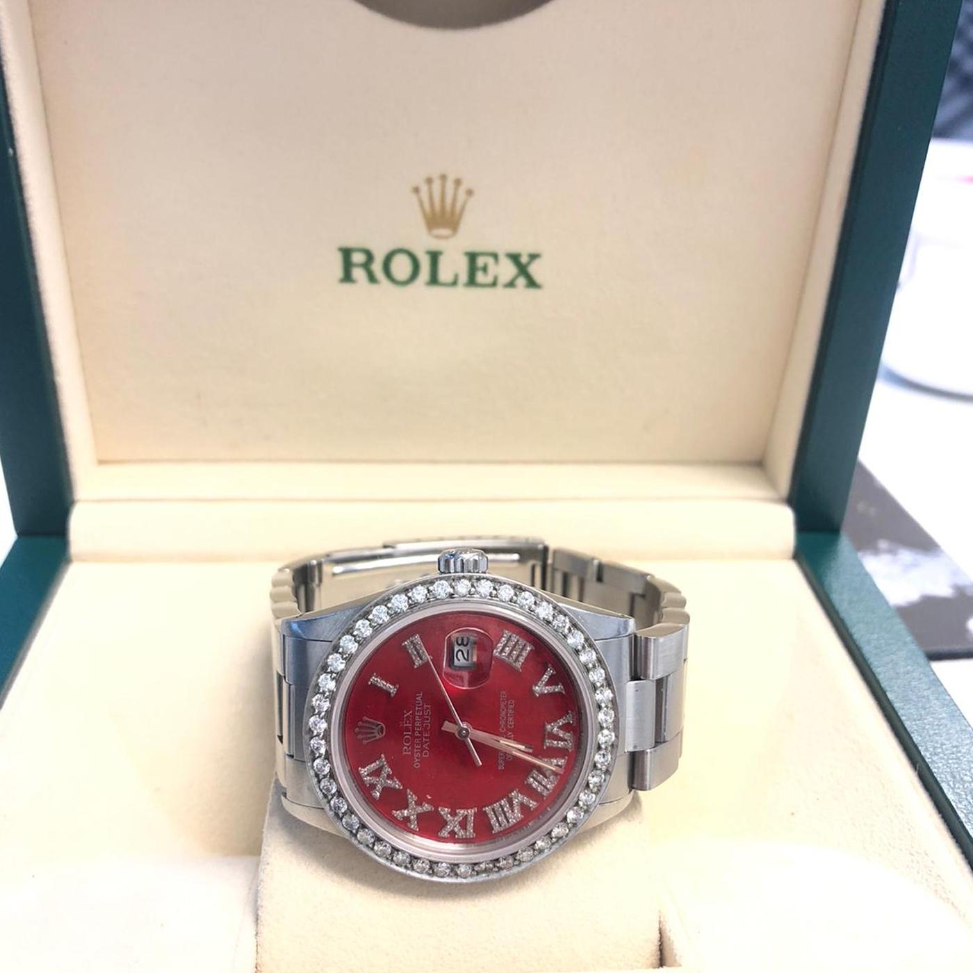 Men's Rolex Datejust 16030 Stainless Steel Men’s Watch with Red Dial Diamond Bezel