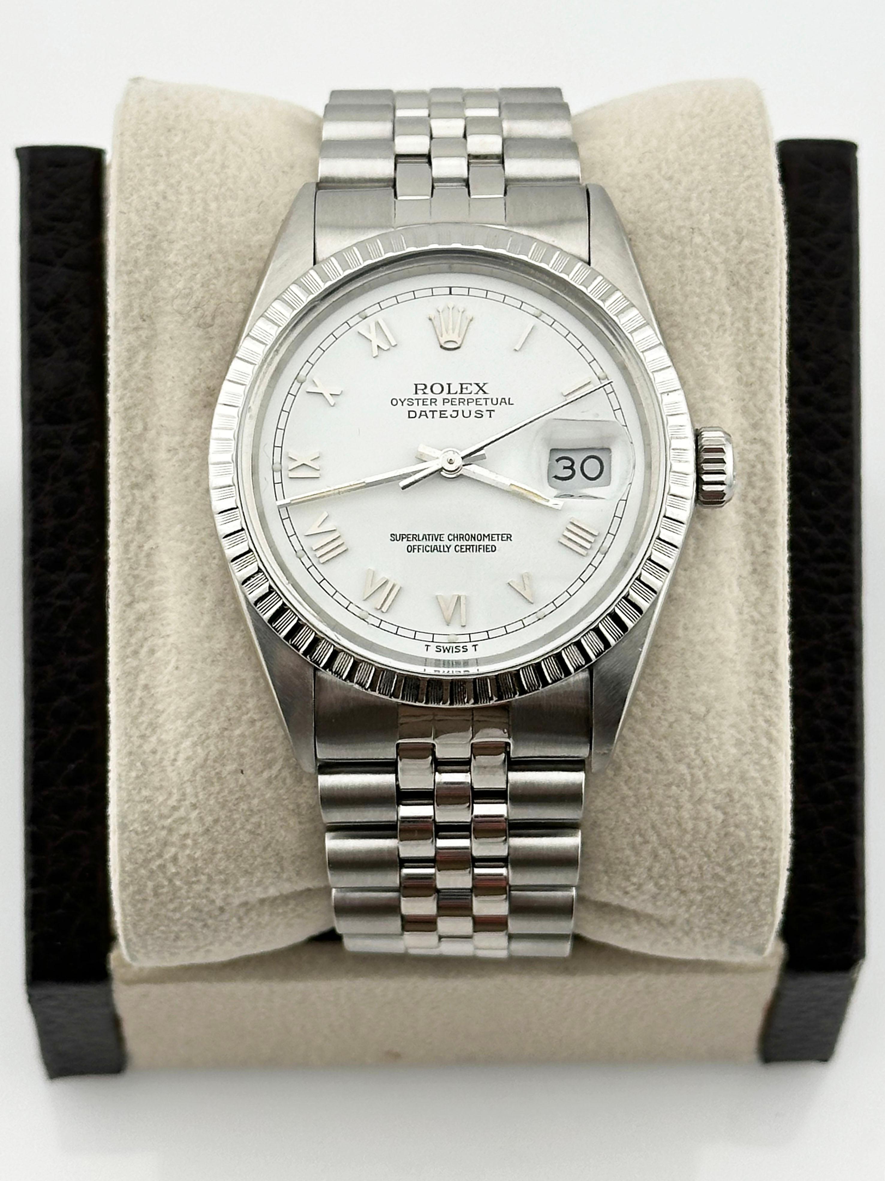 Style Number: 16030

Serial: 9029***

Year: 1986

Model: Rolex Datejust 

Case Material: Stainless Steel  

Band: Stainless Steel 

Bezel: Stainless Steel Engine-Turned Bezel

Dial: White Roman 

Face: Acrylic 

Case Size: 36mm 

Includes:

-Elegant