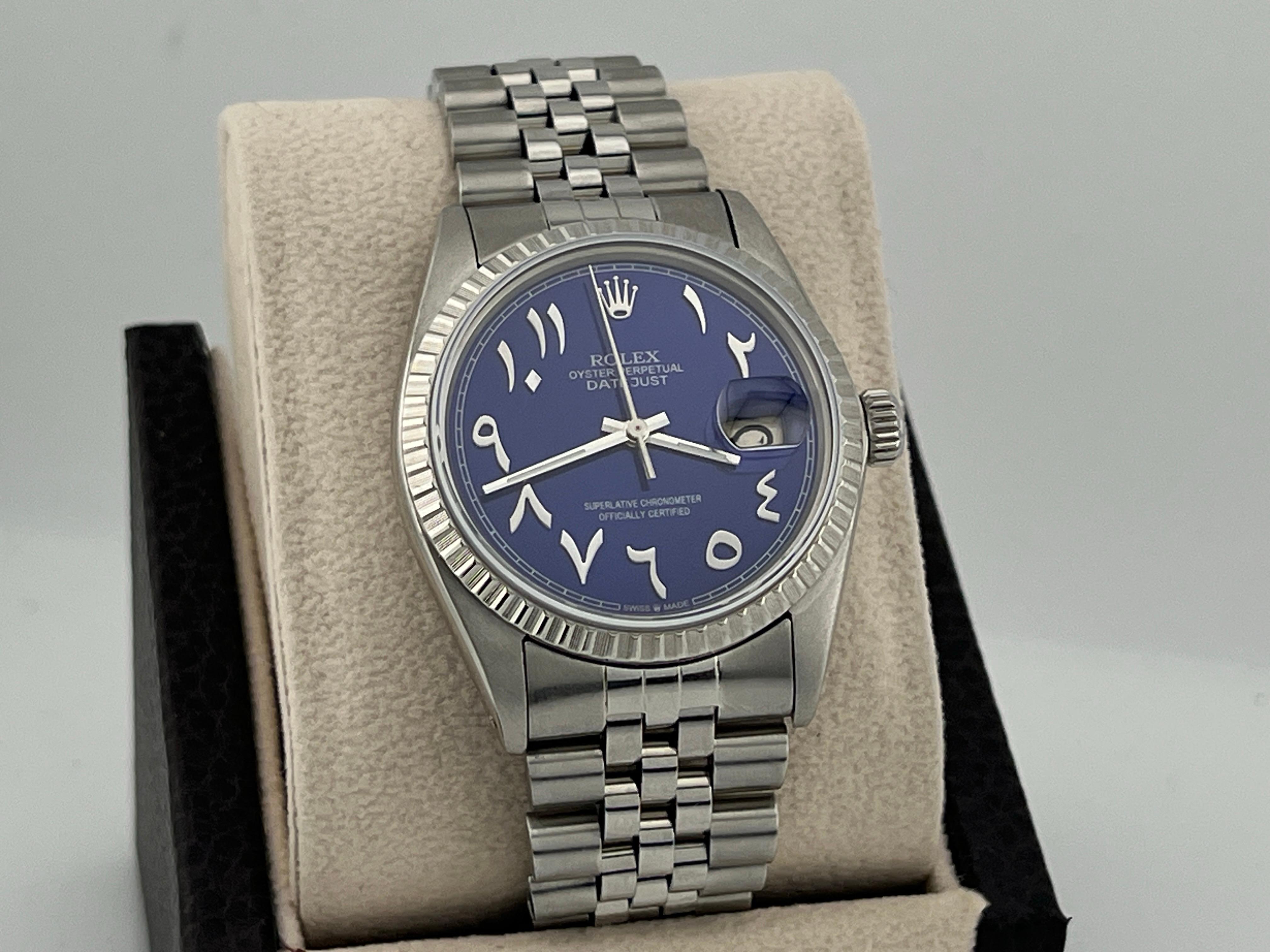 Style Number: 16030



Serial: 8804***



Year: 1985

 

Model: Rolex Datejust 

 

Case Material: Stainless Steel 

 

Band: Stainless Steel 

  

Bezel: Stainless Steel 

  

Dial: Custom Blue Arabic Dial 

 

Face: Sapphire Crystal 

 

Case