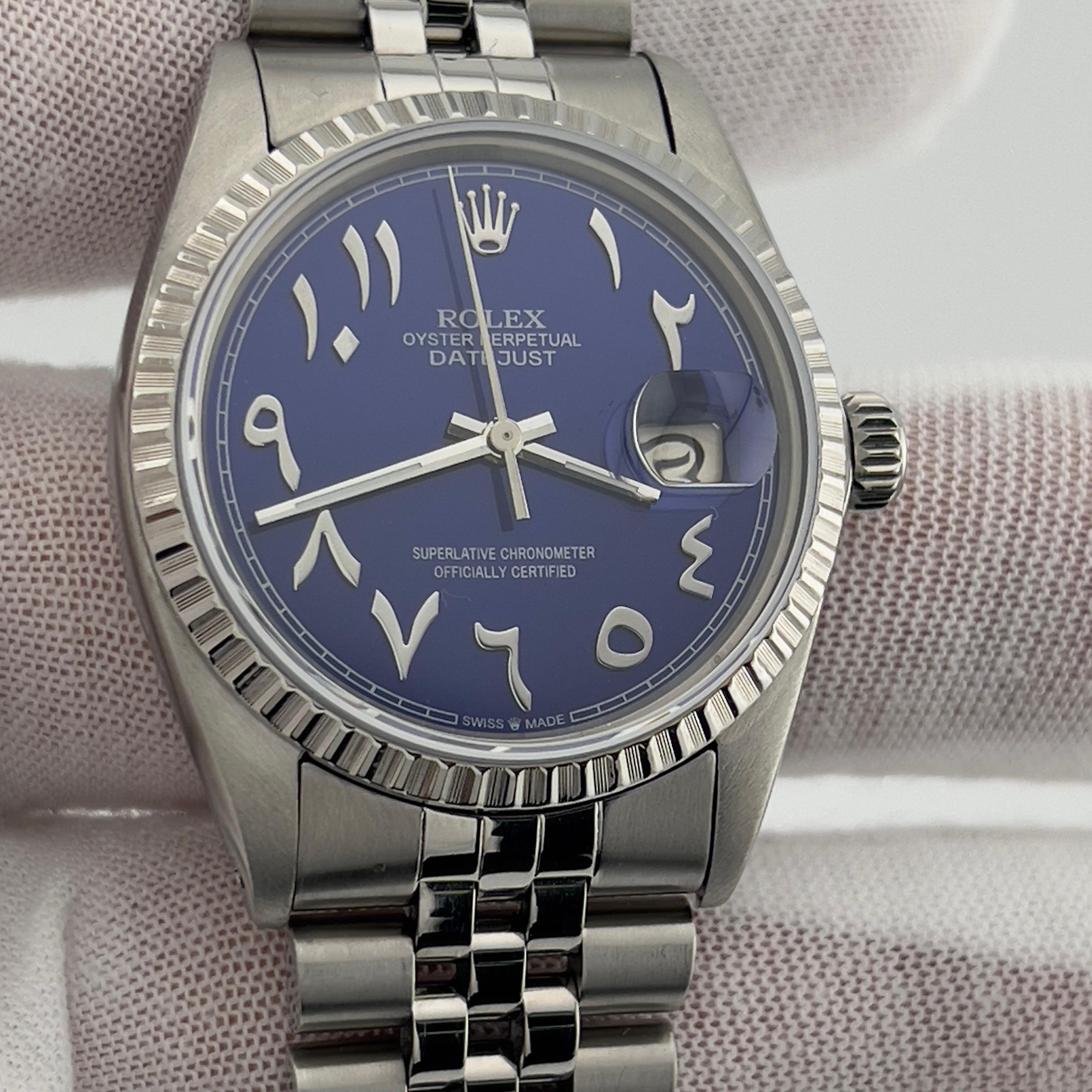 Rolex Datejust 16030 Blue Arabic Dial Stainless Steel 36mm In Excellent Condition For Sale In San Diego, CA
