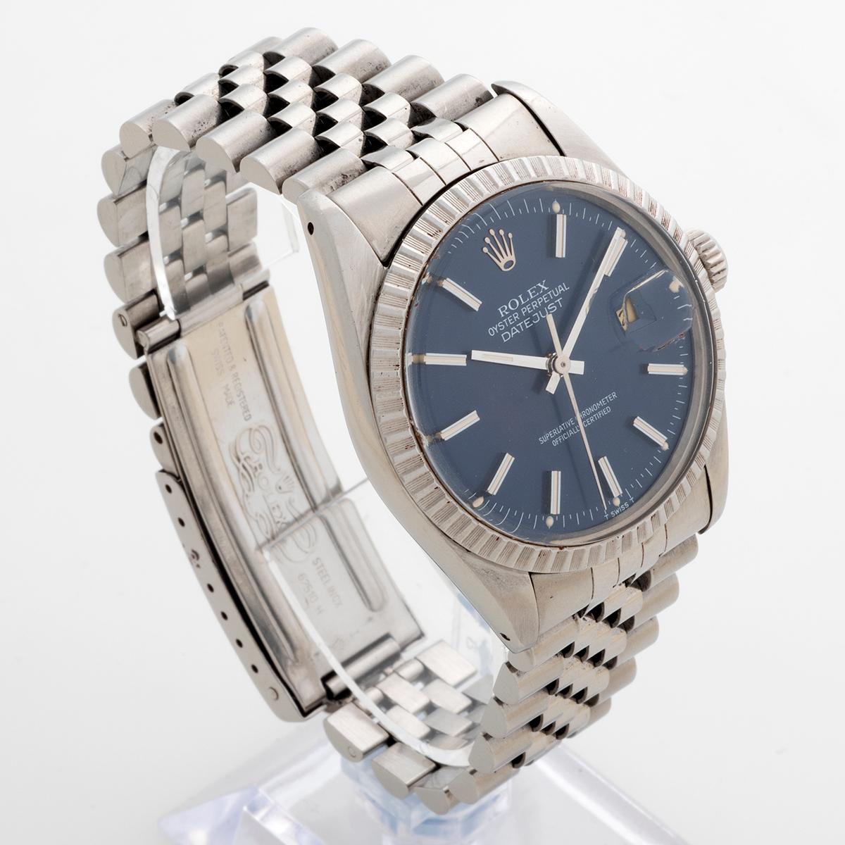 Our vintage Rolex Datejust, with stainless steel 36mm case, engine turned steel bezel and jubilee stainless steel bracelet , features a very attractive and rare denim blue matte dial with white applied indices. The overall condition of this Datejust