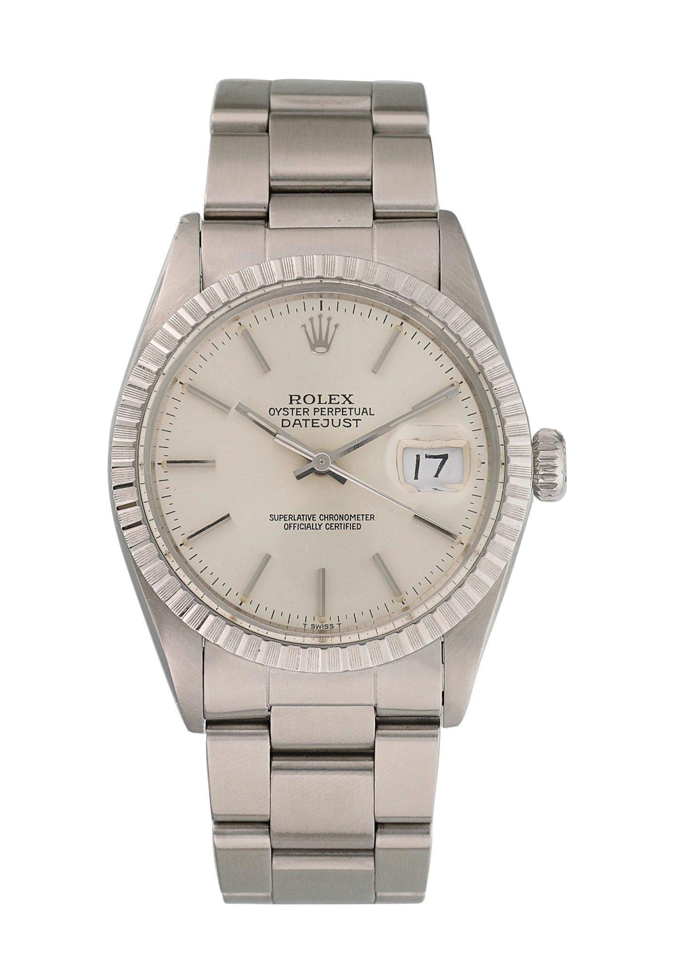 Rolex Datejust 16030 Men's Watch
36mm Stainless Steel case. 
Stainless Steel engine turn bezel. 
Silver dial with steel hands and index hour markers. 
Minute markers on the outer dial. 
Date display at the 3 o'clock position. 
Stainless Steel
