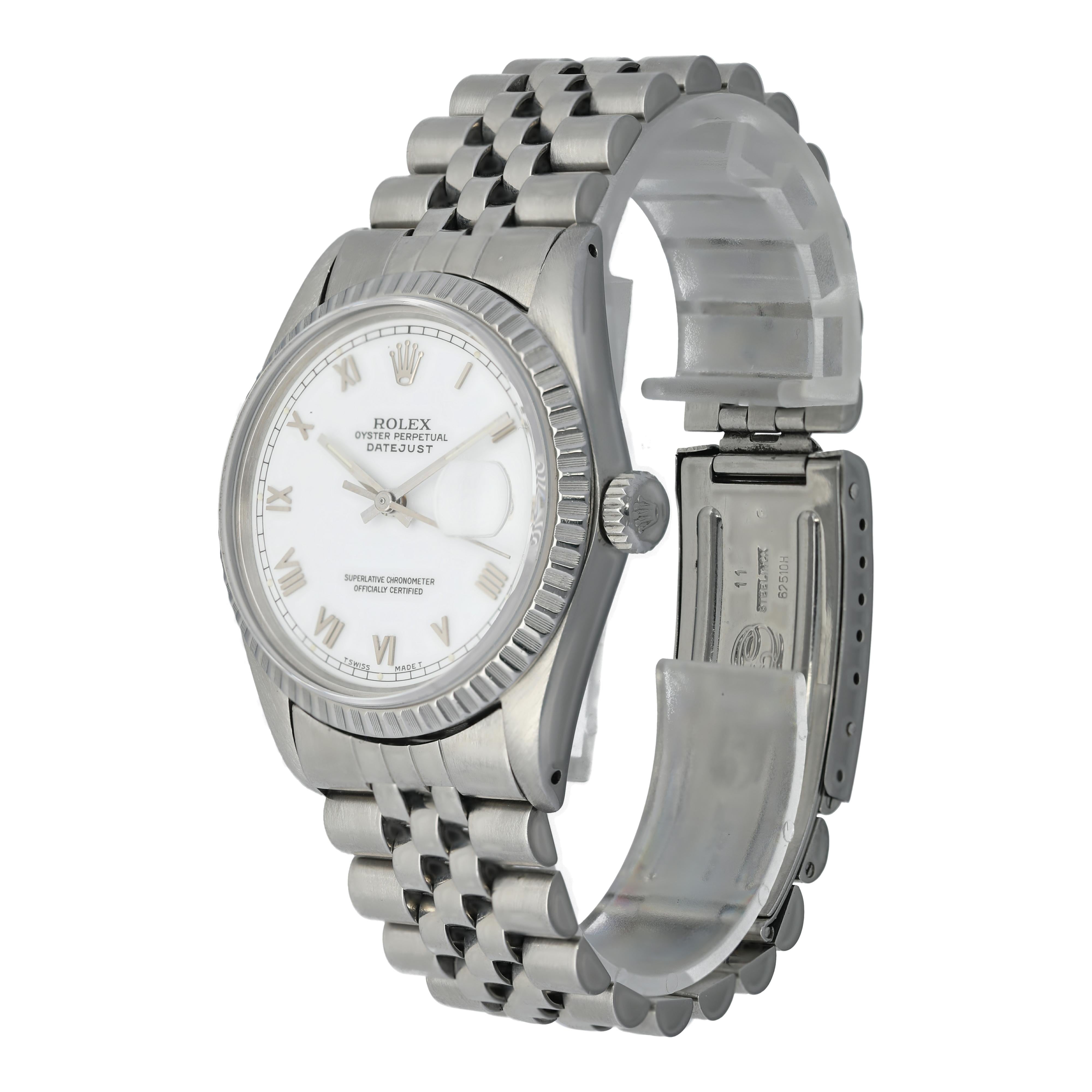 Rolex Datejust 16030 Men's Watch.
36mm Stainless Steel case. 
Stainless Steel bezel. 
White dial with Luminous Steel hands and Roman numeral hour markers. 
Minute markers on the outer dial. 
Date display at the 3 o'clock position. 
Stainless Steel