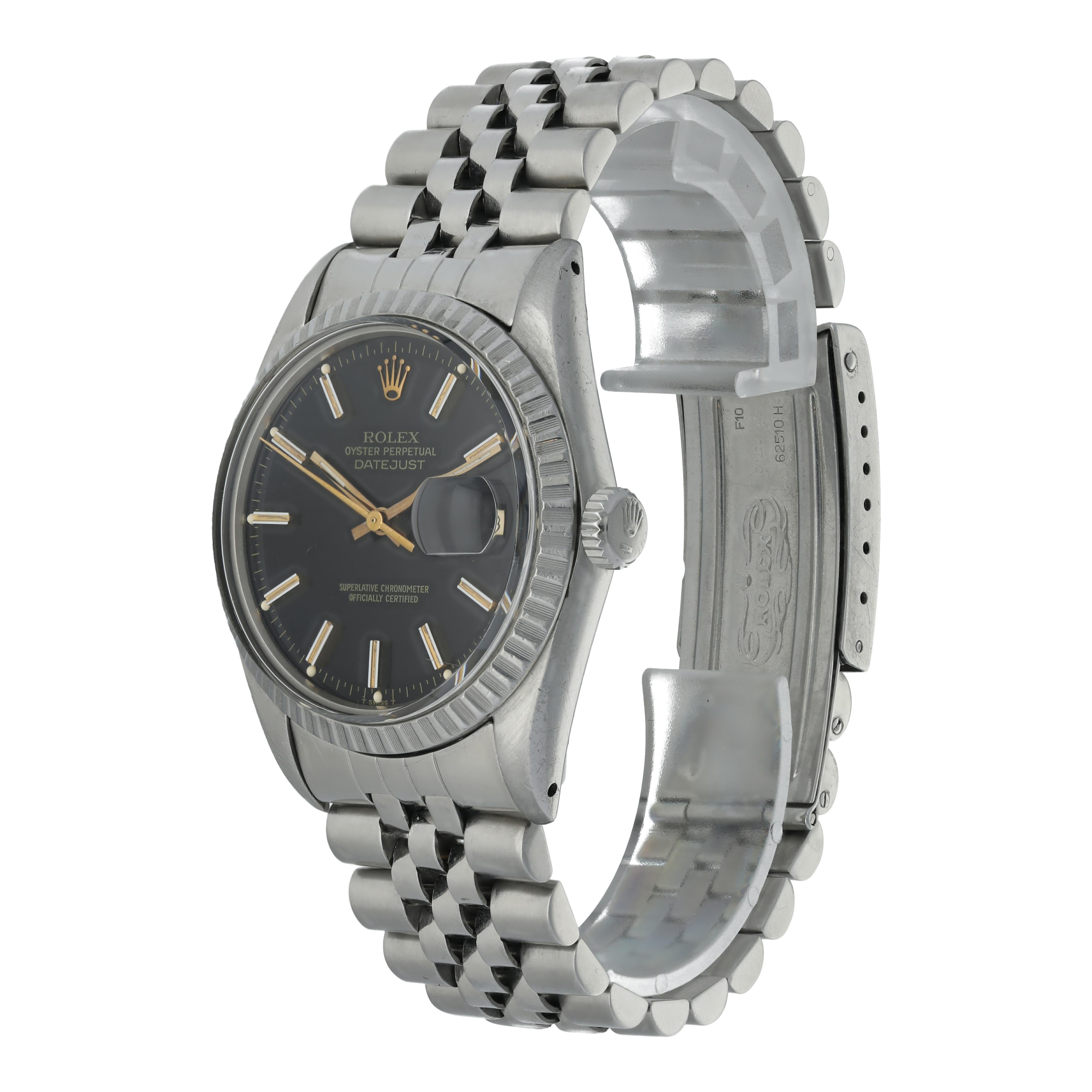 Rolex Datejust 16030 Men's Watch.
36mm Stainless Steel case. 
Stainless Steel fluted bezel. 
Black dial with luminous gold hands and index hour markers. 
Minute markers on the outer dial. 
Date display at the 3 o'clock position. 
Stainless Steel