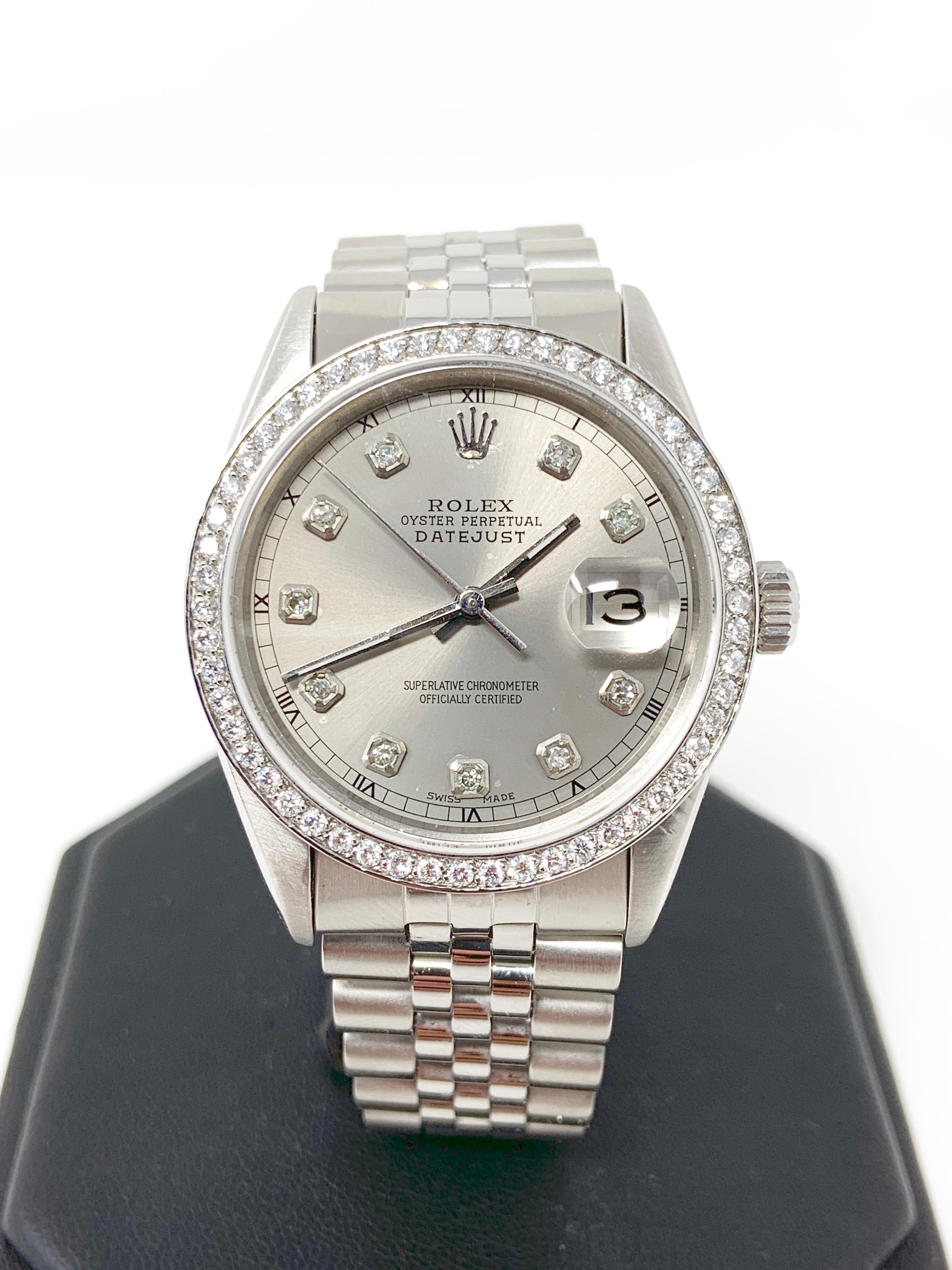 Gender - mens
Model - 16030 datejust
Condition - pre owned
Metals - Stainless steel
Case size - 36 mm
Bezel - stainless steel diamond
Crystal - sapphire
Movement - automatic caliber 3035
Dial - Refinished gray diamond
Wrist band - steel