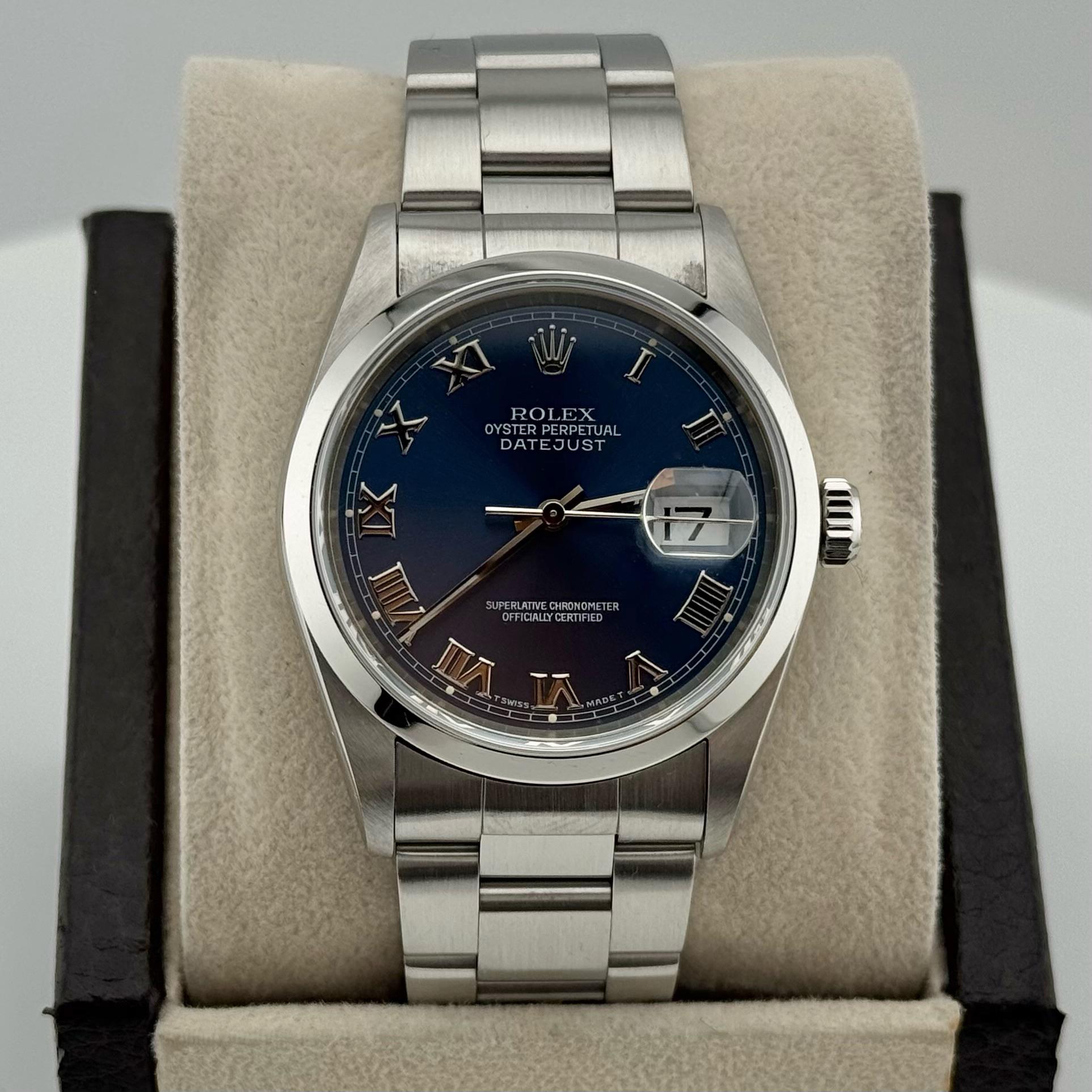 Style Number: 16200



Serial: A26****



Year: 1999

 

Model: Rolex Datejust

 

Case Material: Stainless Steel

 

Band: Stainless Steel

  

Bezel: Stainless Steel

  

Dial: Blue Roman Numerals 

 

Crystal: Sapphire Crystal

 

Case Size: