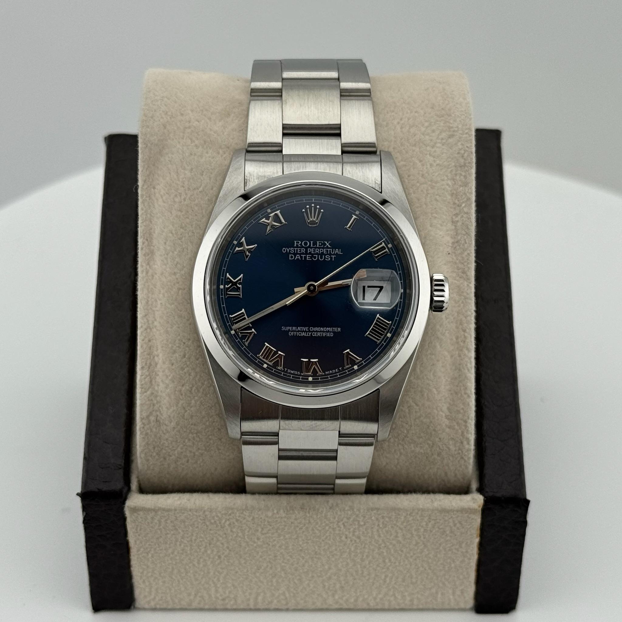 Rolex Datejust 16200 36mm Blue Roman Dial Stainless Steel In Excellent Condition For Sale In San Diego, CA