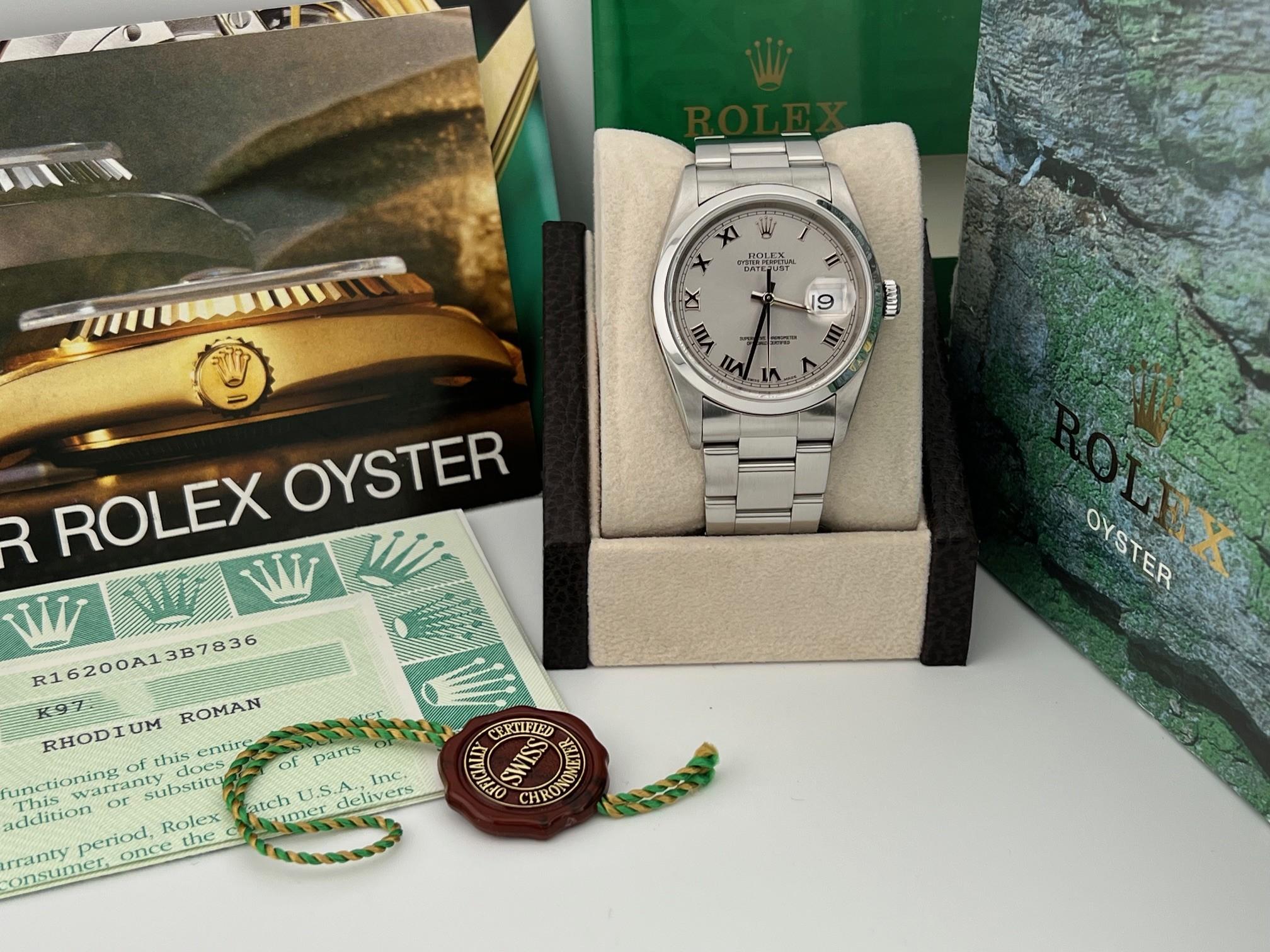 Rolex Datejust 16200 36mm Silber römische Zifferblatt Edelstahl Box Papier im Angebot 6