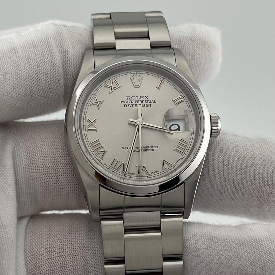 Rolex Datejust 16200 36mm Silber römische Zifferblatt Edelstahl Box Papier im Zustand „Gut“ im Angebot in San Diego, CA