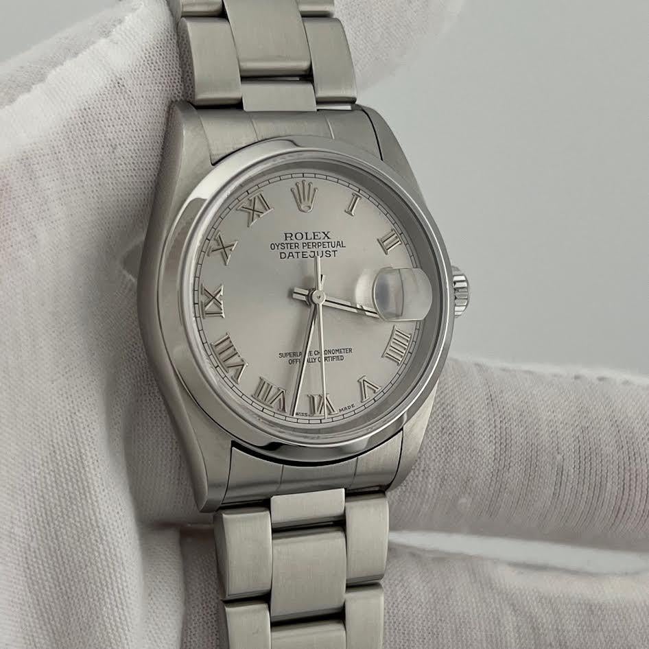 Rolex Datejust 16200 36mm Silber römische Zifferblatt Edelstahl Box Papier im Angebot 5