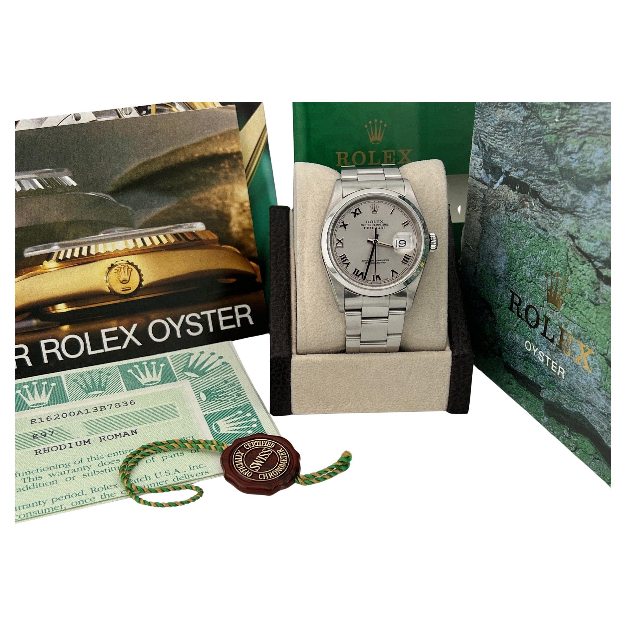 Rolex Datejust 16200 36mm Silber römische Zifferblatt Edelstahl Box Papier im Angebot