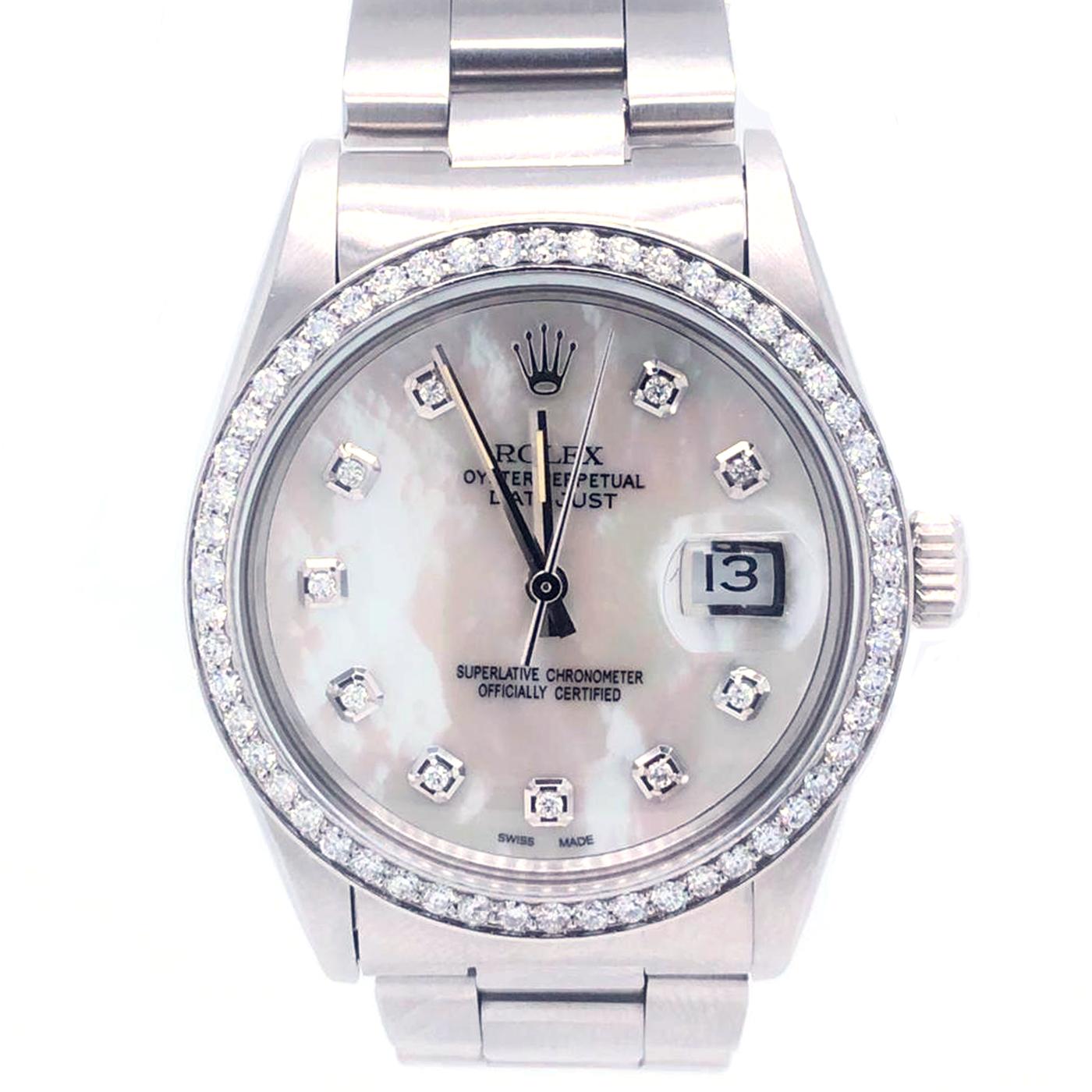 Rolex Datejust 16200 Men's 36mm Stainless Steel With Diamond Bezel and Mother of Pearl Diamond Face Watch

Rolex Datejust (16200) self-winding automatic watch, features a 36mm stainless steel case surrounding a rhodium dial on a stainless steel