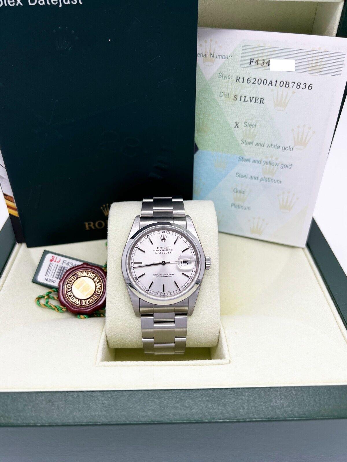 Rolex Datejust 16200 Silver Dial Stainless Steel Box Paper 2005 In Excellent Condition For Sale In San Diego, CA