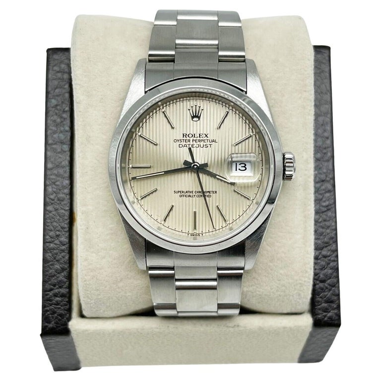 Rolex Datejust 16200 Silver Tapestry Dial Stainless Steel For Sale at