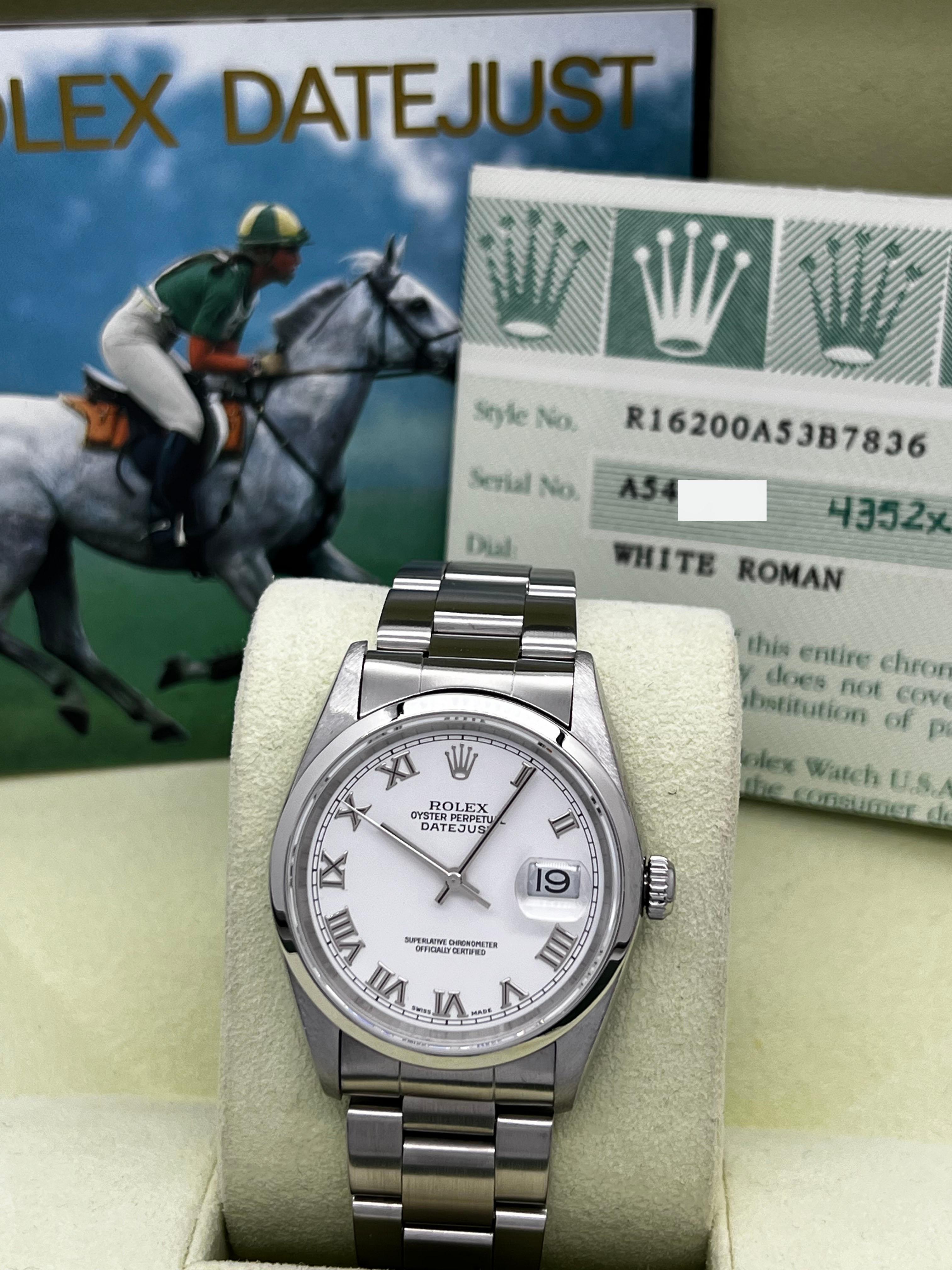 Style Number: 16200



Serial: A542***



Year: 2000

 

Model: Datejust

 

Case Material: Stainless Steel

 

Band: Stainless Steel

 

Bezel: Stainless Steel

 

Dial: White Roman 

 

Face: Sapphire Crystal

 

Case Size: 36mm

 

Includes: