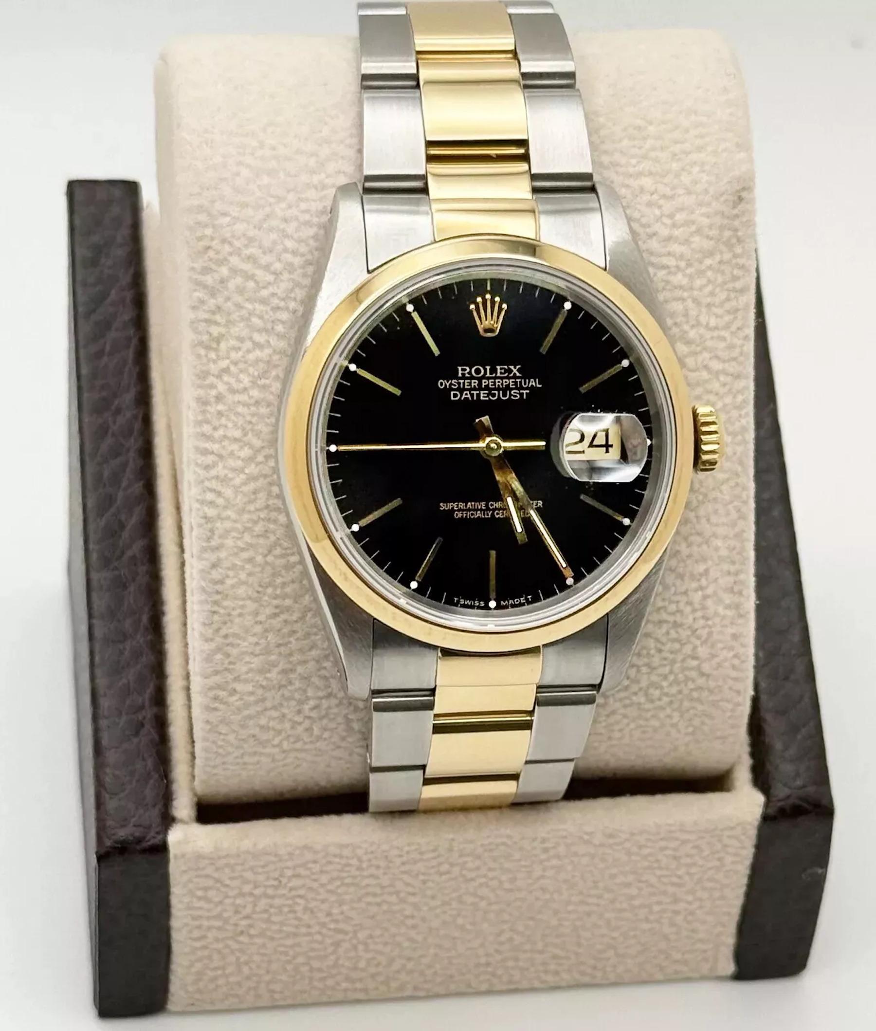 Numéro de style : 16203

Série : X44****

Année : 1991

Modèle : Rolex Datejust

Matériau du boîtier : Acier inoxydable

Bande : or jaune 18K et acier inoxydable

Lunette : or jaune 18K 

Cadran : Noir

Visage : Cristal saphir

Taille du boîtier :