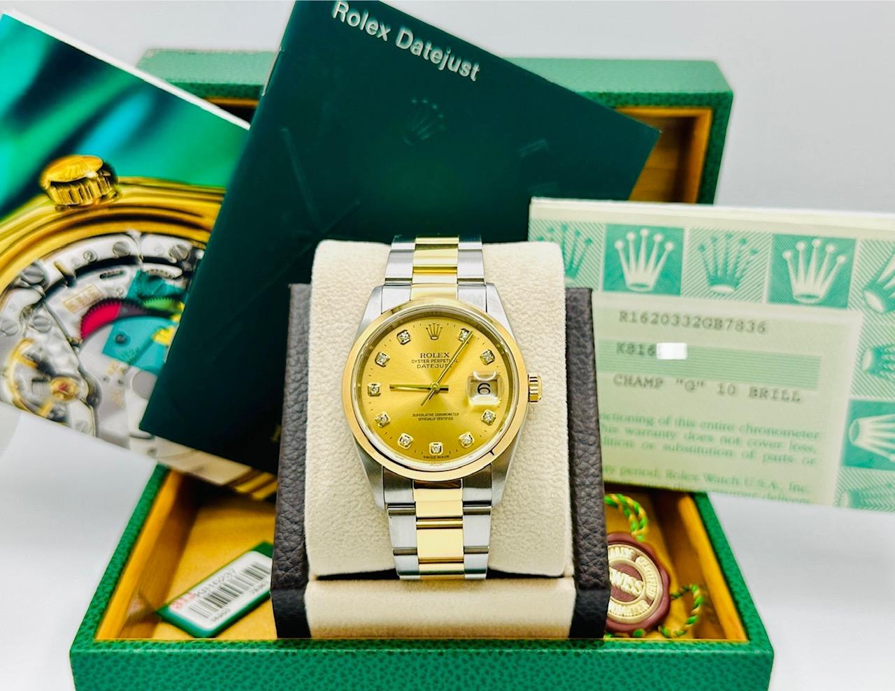 Round Cut Rolex Datejust 16203 36mm Champagne Diamond Dial 18K Gold Steel Box Paper For Sale