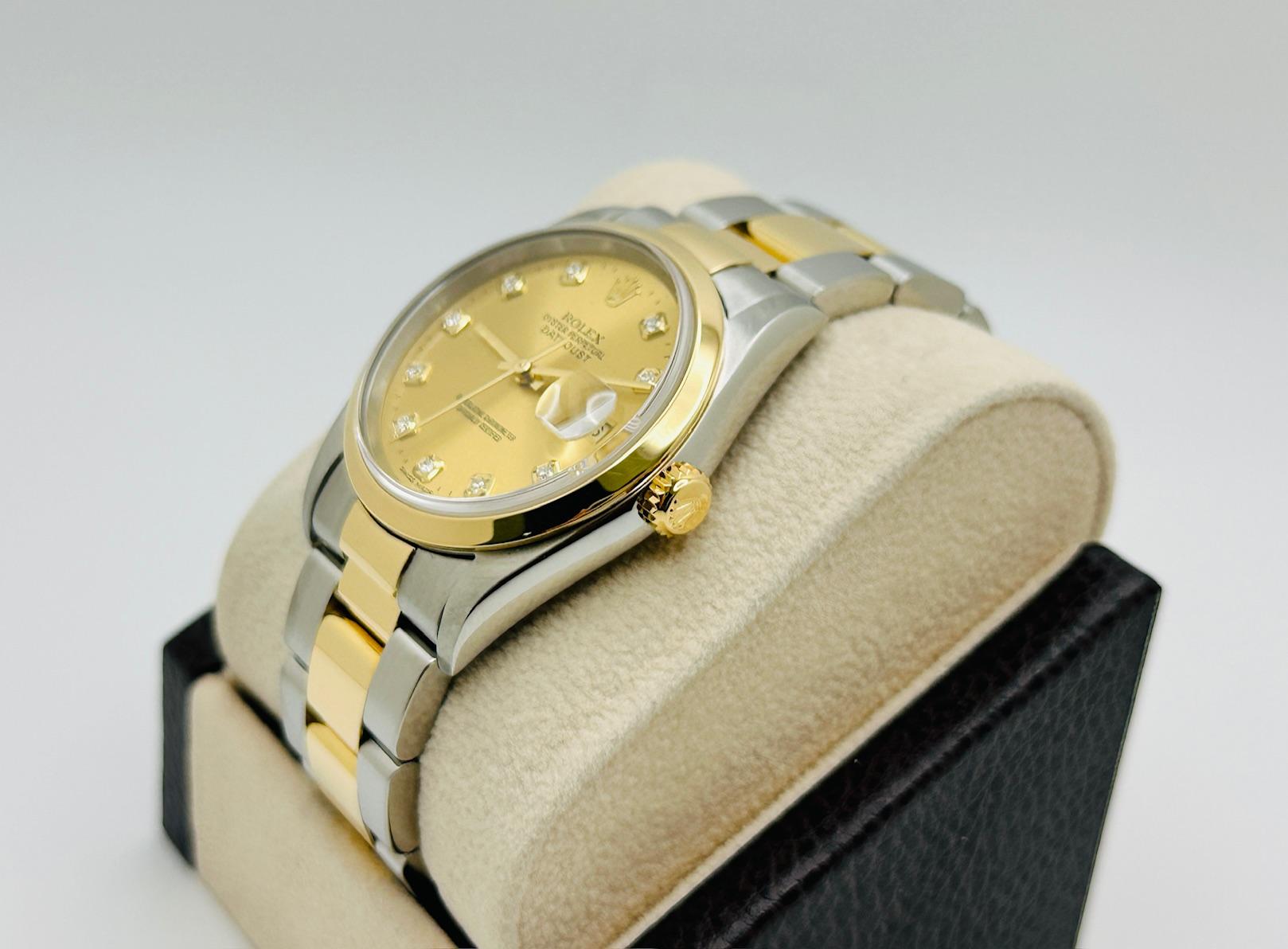 Rolex Datejust 16203 36mm Champagne Diamond Dial 18K Gold Steel Box Paper In Excellent Condition For Sale In San Diego, CA