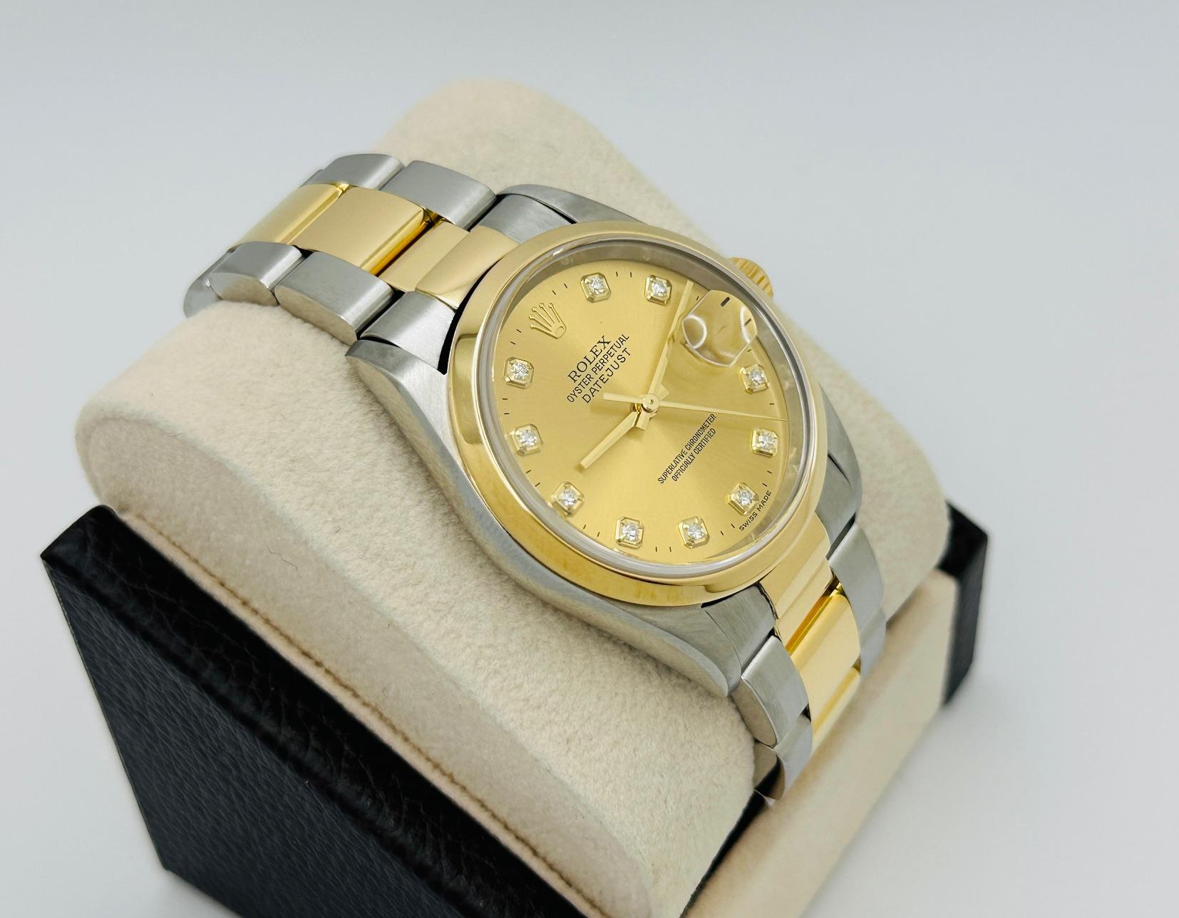 Women's or Men's Rolex Datejust 16203 36mm Champagne Diamond Dial 18K Gold Steel Box Paper For Sale