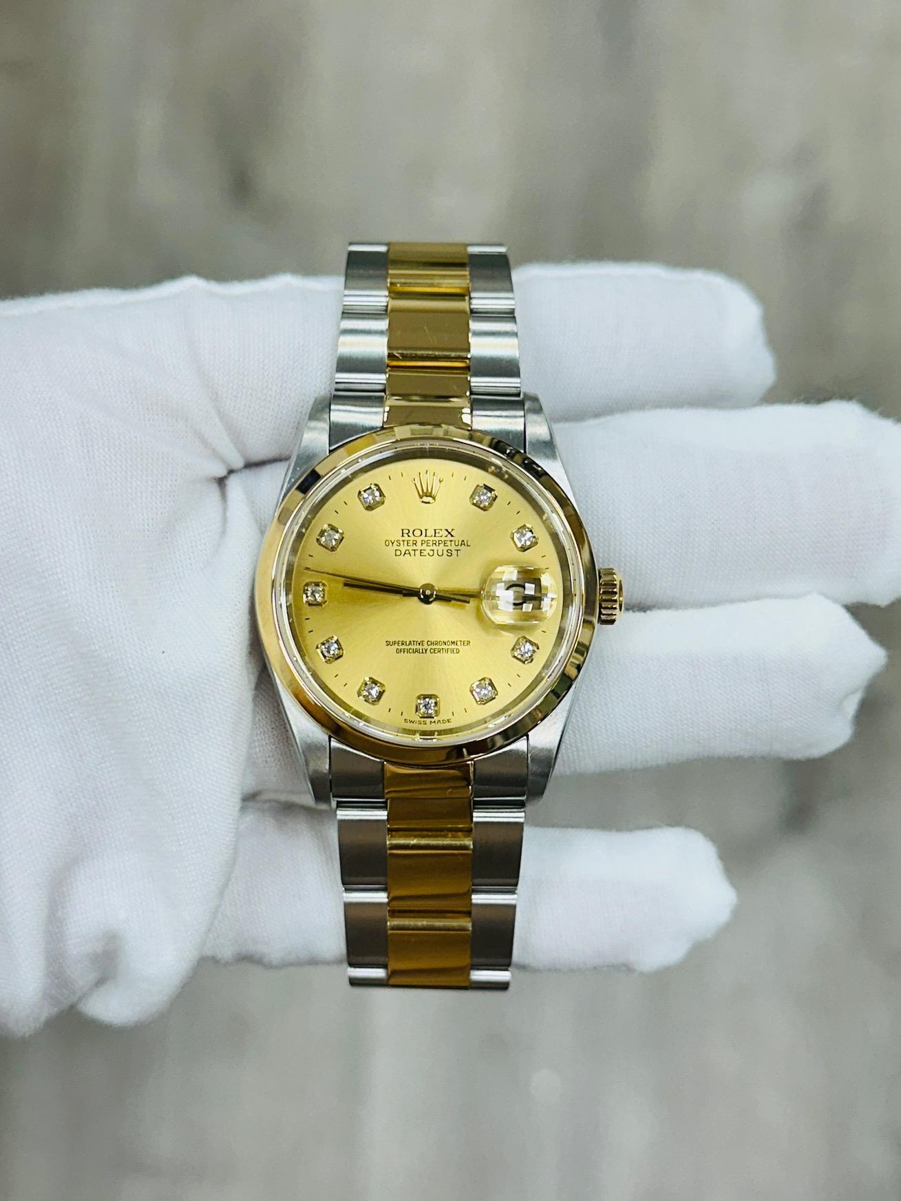 Rolex Datejust 16203 36mm Champagne Diamond Dial 18K Gold Steel Box Paper For Sale 3