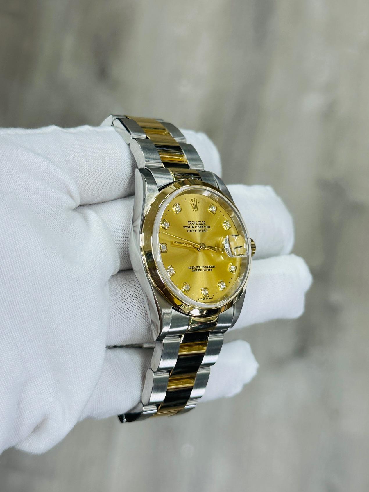 Rolex Datejust 16203 36mm Champagne Diamond Dial 18K Gold Steel Box Paper For Sale 4
