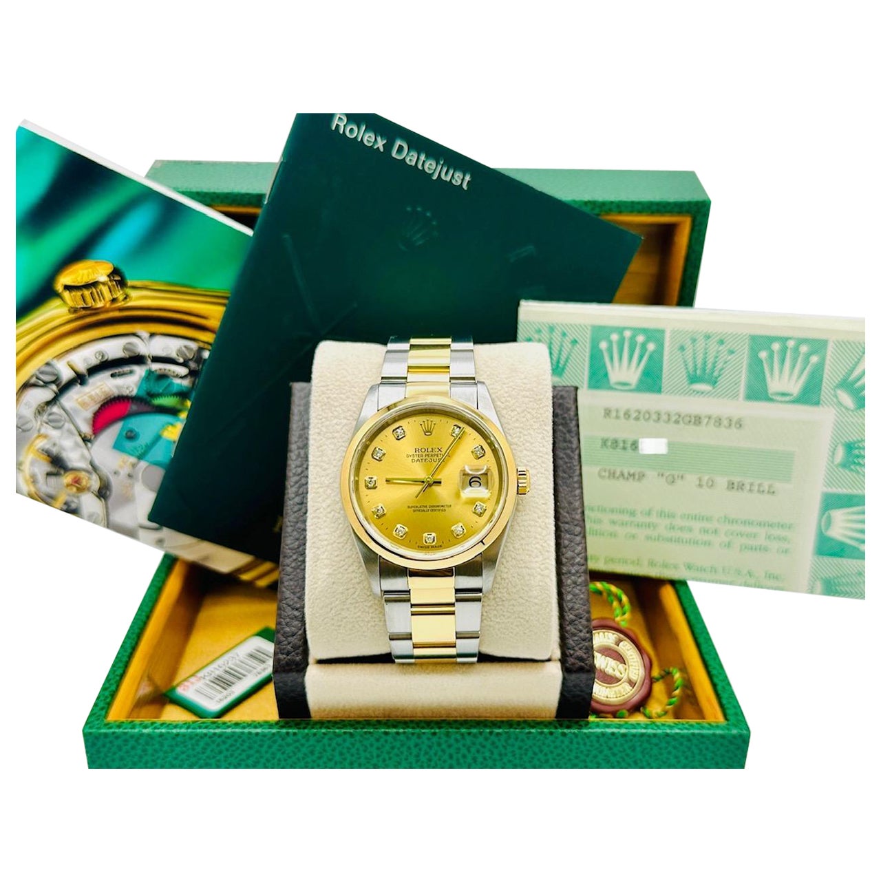 Rolex Datejust 16203 36mm Champagne Quadrante Diamante Acciaio Oro 18K Scatola di Carta