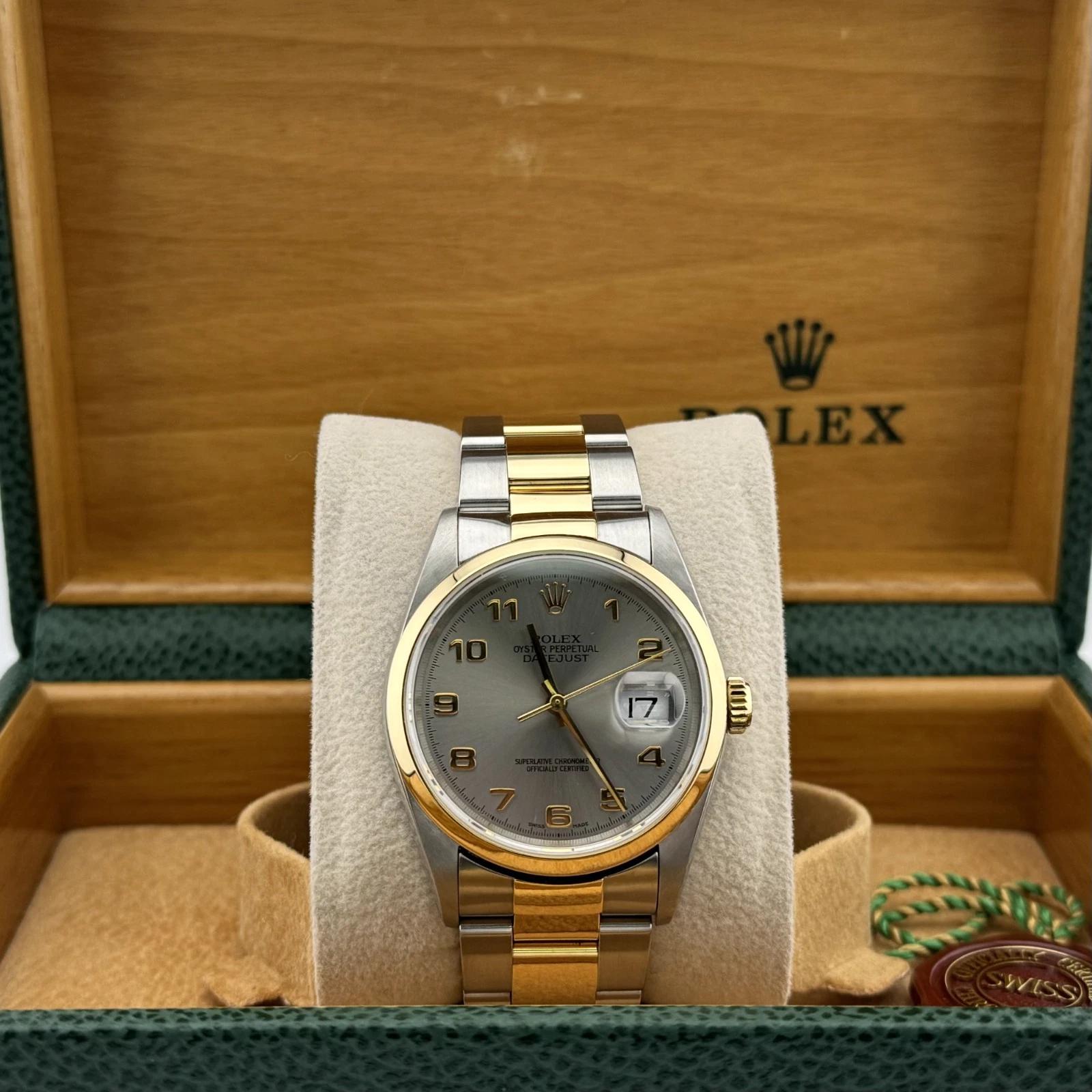 Style Number: 16203



Serial: Y46****



Year: 2002

 

Model: Rolex Datejust

 

Case Material: Stainless Steel

 

Band: 18K Yellow Gold & Stainless Steel

  

Bezel: 18K Yellow Gold

  

Dial: Slate Gray

 

Crystal: Sapphire

 

Case Size: