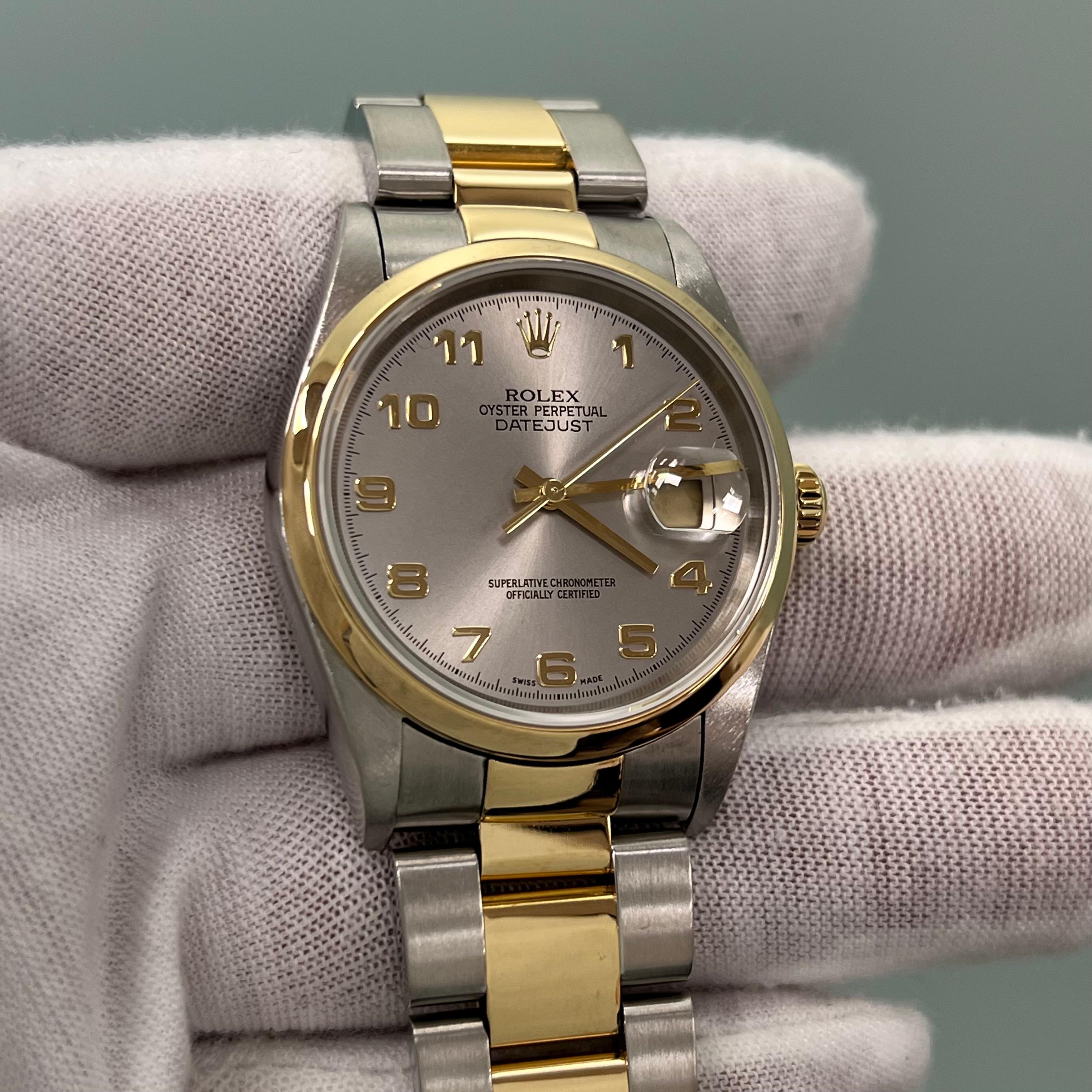 Rolex Datejust 16203 Silver Arabic Dial 18K Yellow Gold Steel Box Paper 2003 For Sale 7