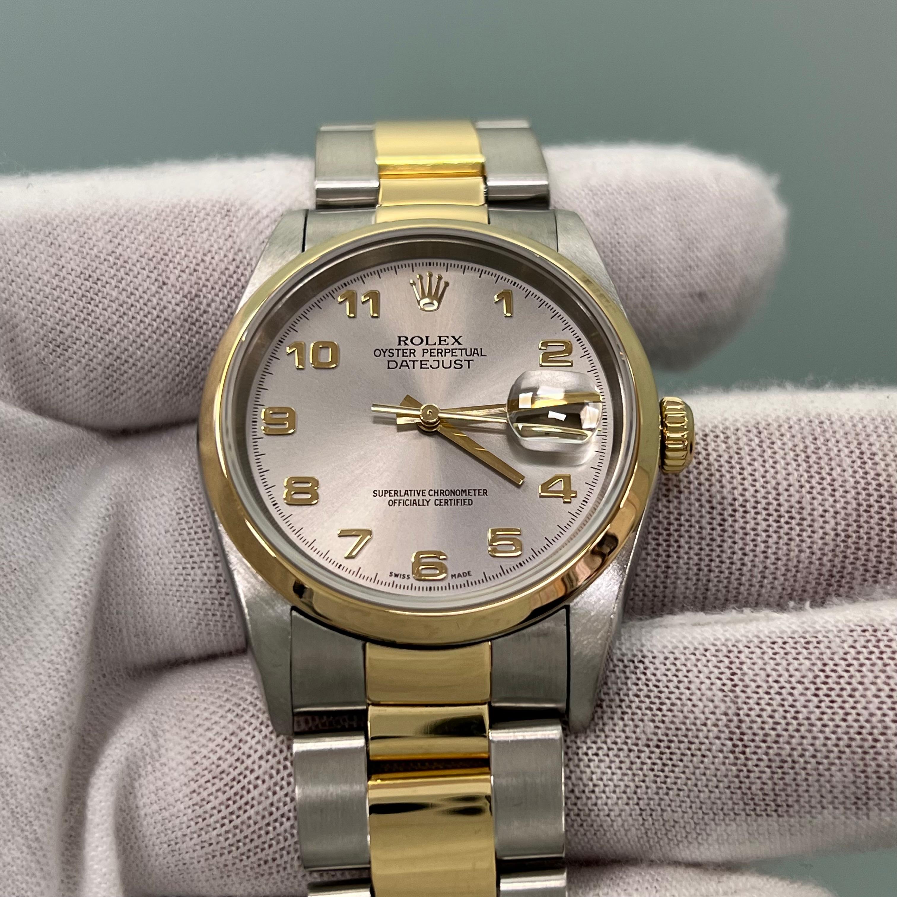 Rolex Datejust 16203 Silver Arabic Dial 18K Yellow Gold Steel Box Paper 2003 For Sale 8