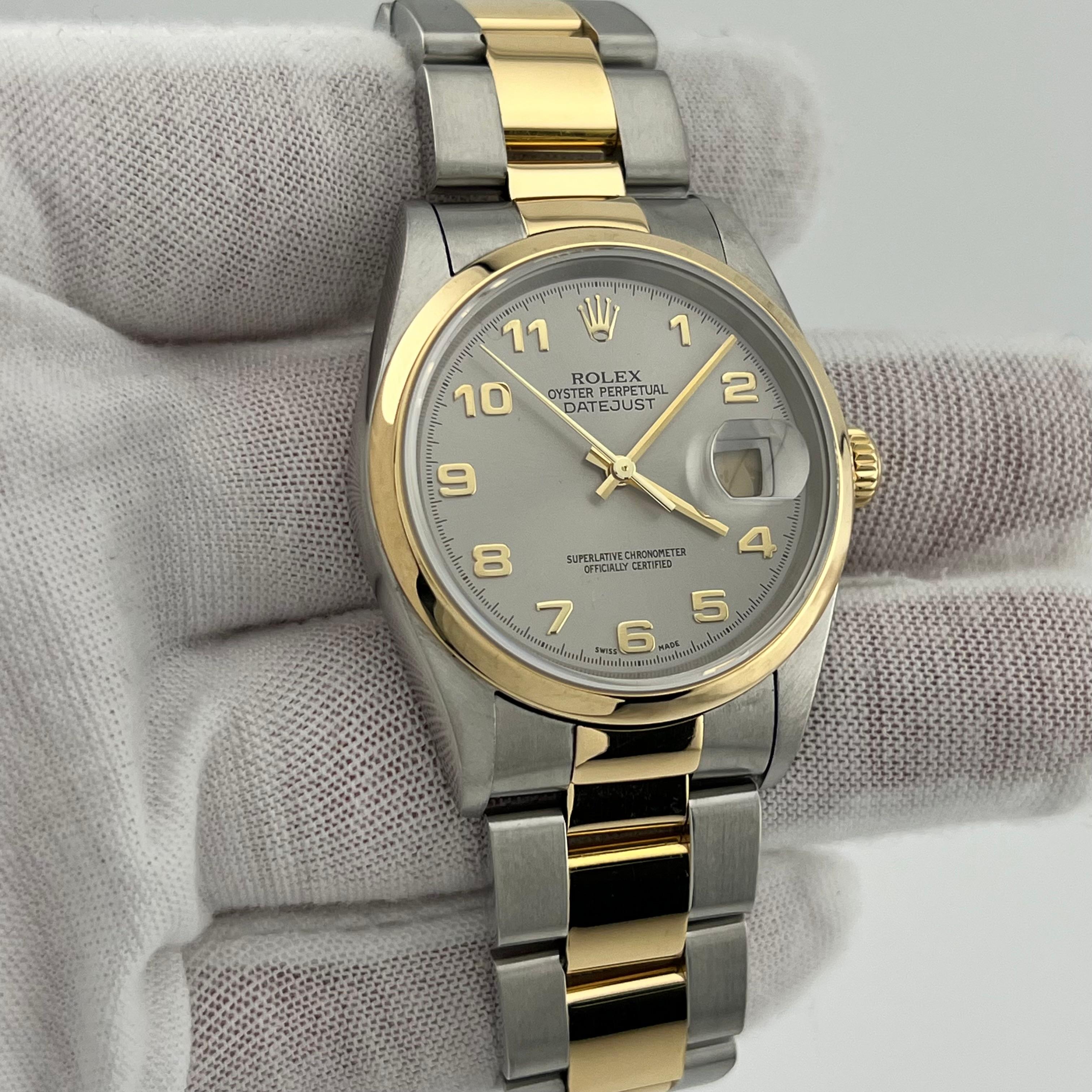 Men's Rolex Datejust 16203 Silver Arabic Dial 18K Yellow Gold Steel Box Paper 2003 For Sale