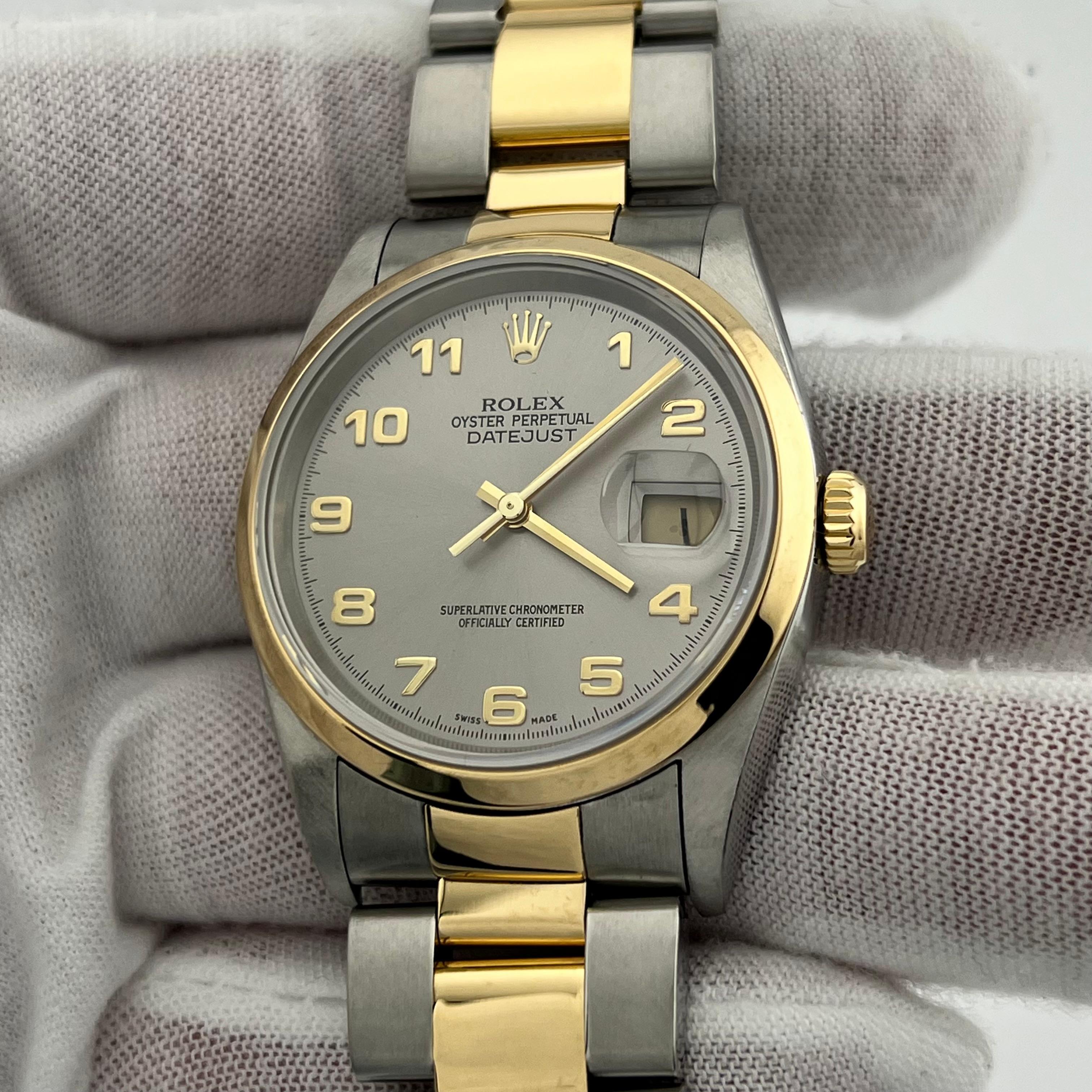Rolex Datejust 16203 Silver Arabic Dial 18K Yellow Gold Steel Box Paper 2003 For Sale 1