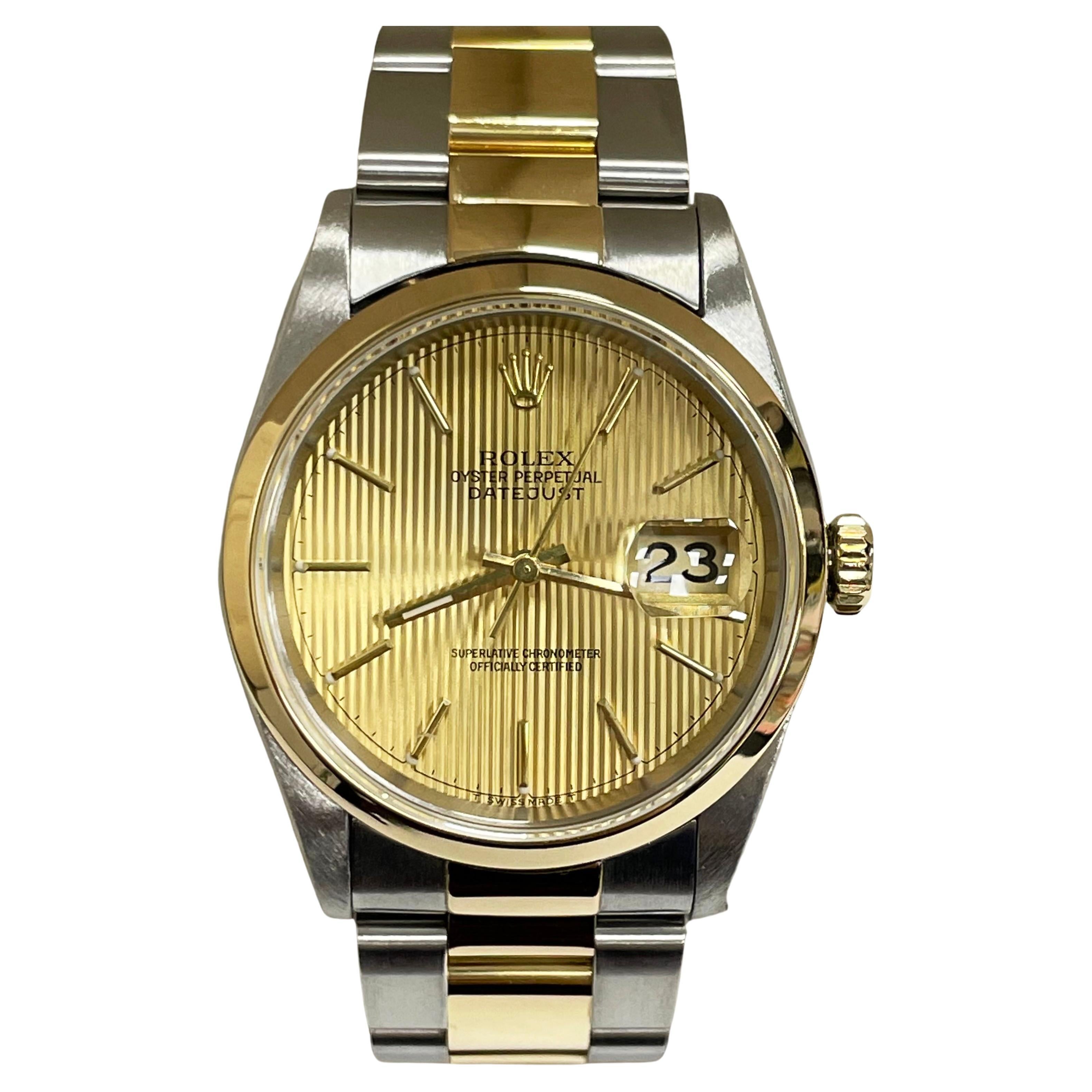 Rolex Datejust 16203 Tapestry Dial 18K Yellow Gold Stainless Box Paper For Sale