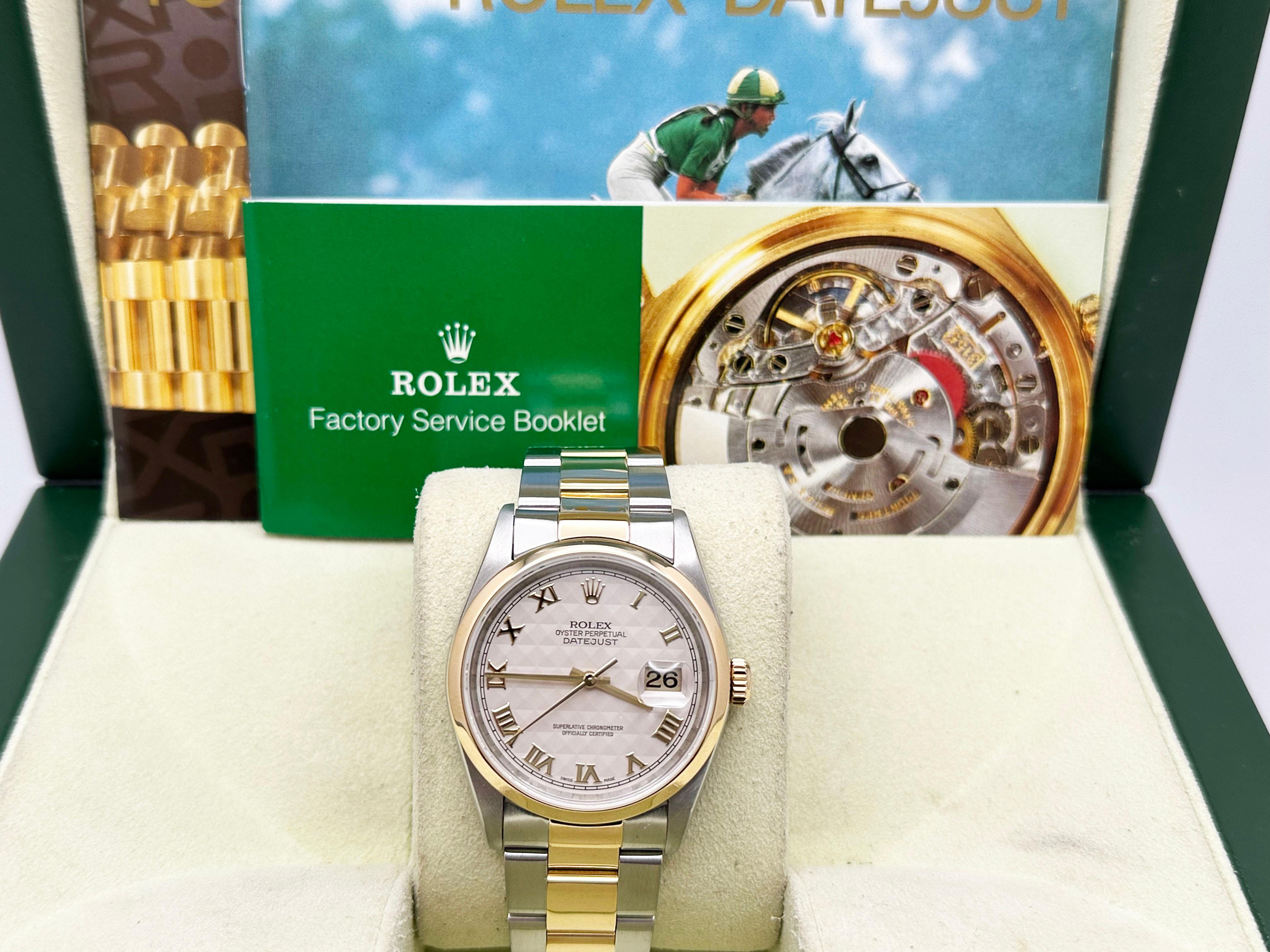 Style Number: 16203



Serial: T536***



Year: 1996

 

Model: Rolex Datejust 

 

Case Material: Stainless Steel 

 

Band: 18K Yellow Gold & Stainless Steel 

  

Bezel: 18K Yellow Gold Smooth Bezel 

  

Dial: White Pyramid Dial 

 

Face: