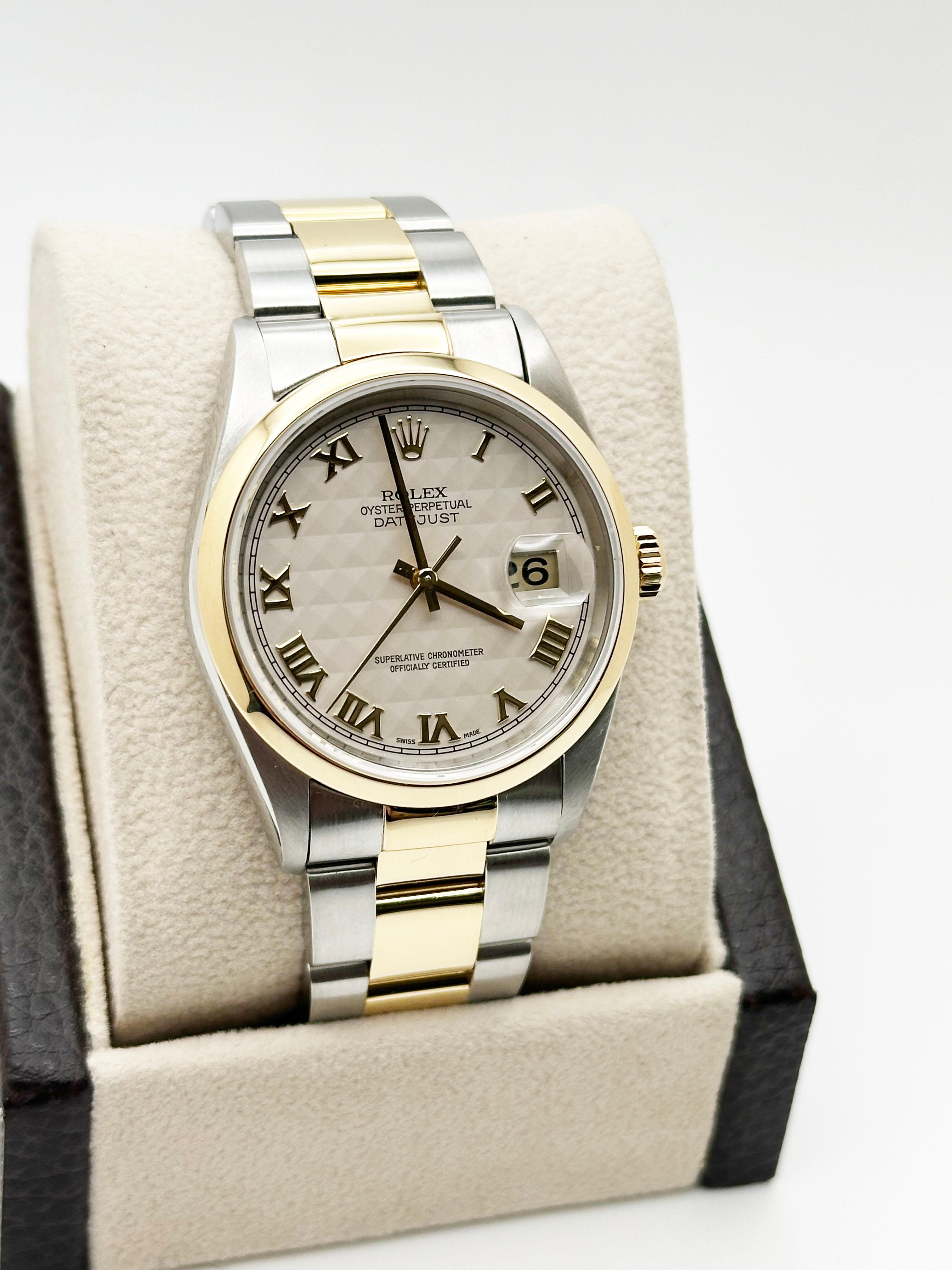 Rolex Datejust 16203 White Pyramid Dial 18K Yellow Gold Steel Box Service Paper 1
