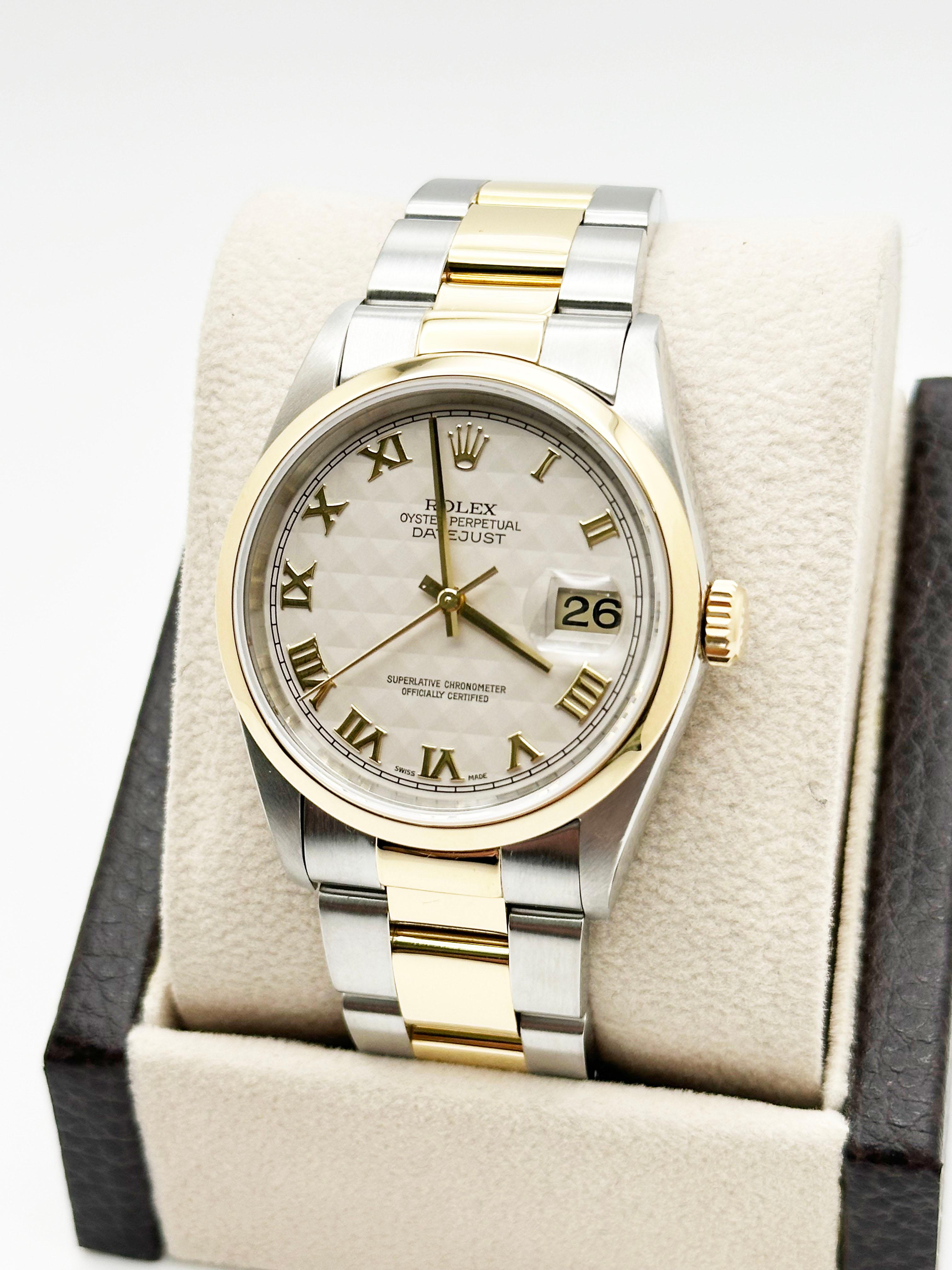 Rolex Datejust 16203 White Pyramid Dial 18K Yellow Gold Steel Box Service Paper 2