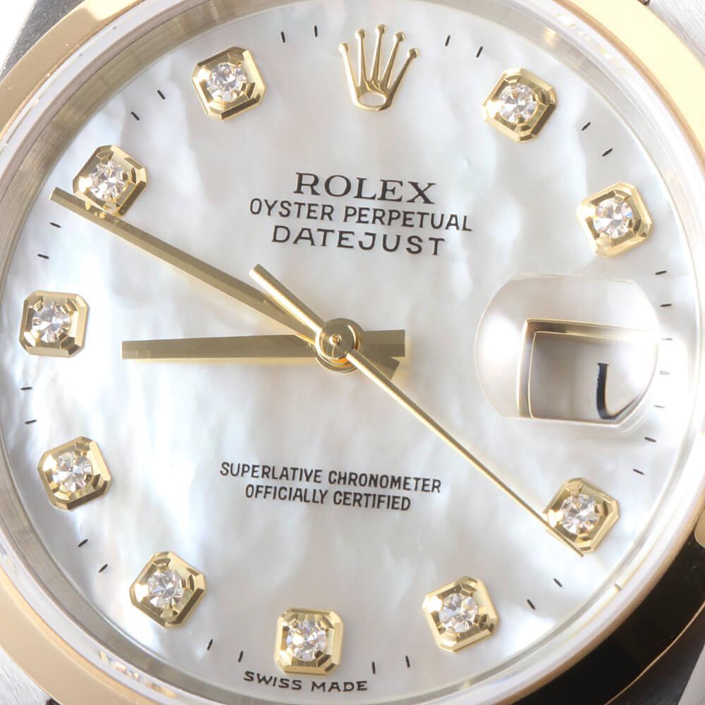 Round Cut Rolex Datejust 16203NG 10P Diamond, White Shell Dial, Y-Series, Men's Used Watch