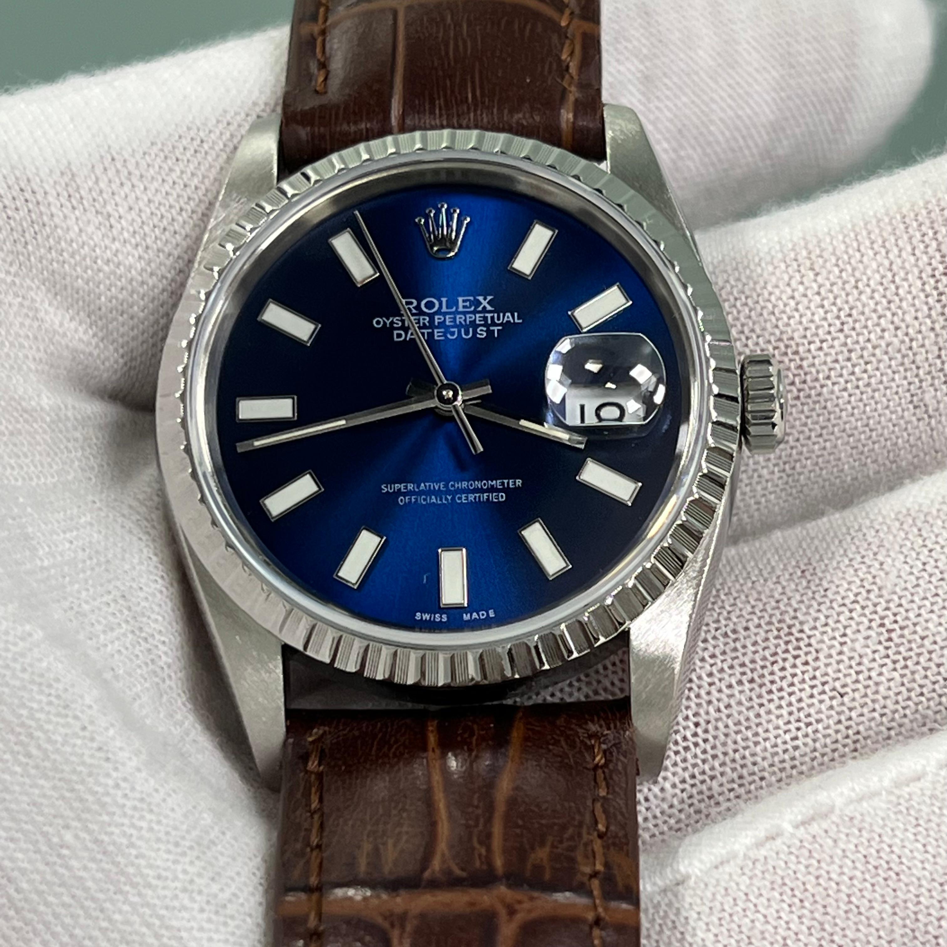 Rolex Datejust 16220 36mm Blue Dial Stainless Steel Leather Strap 1
