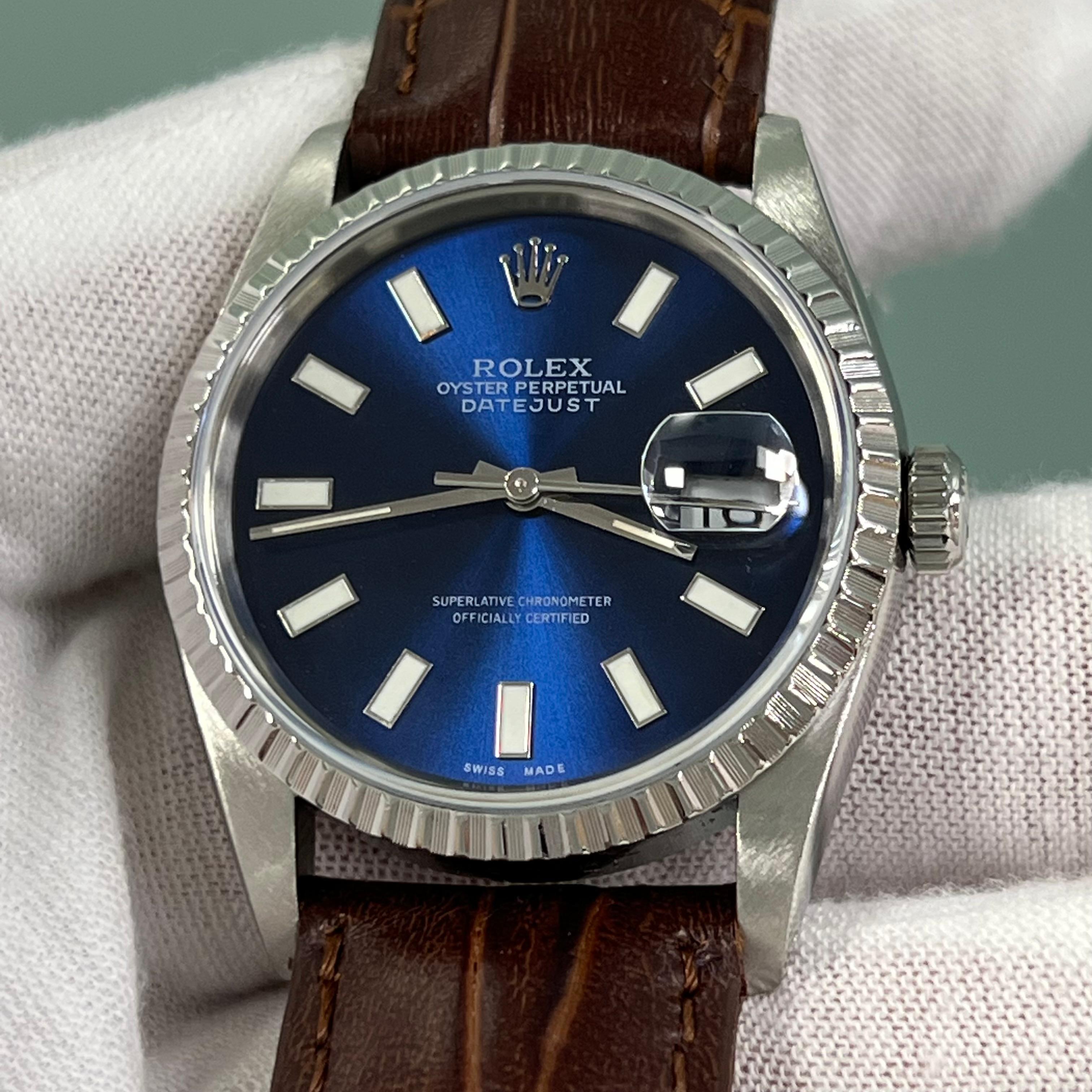 Rolex Datejust 16220 36mm Blue Dial Stainless Steel Leather Strap 2