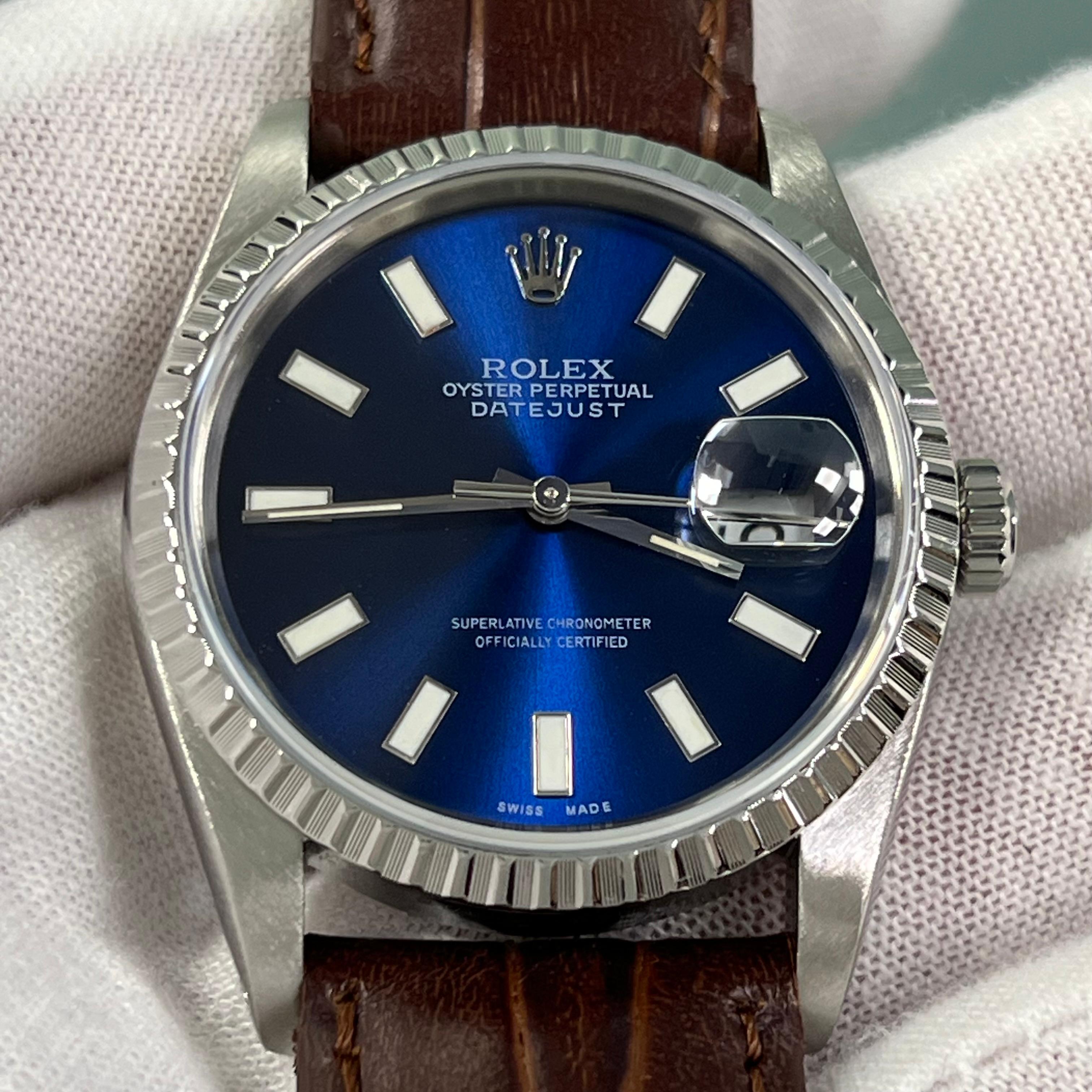 Rolex Datejust 16220 36mm Blue Dial Stainless Steel Leather Strap 3