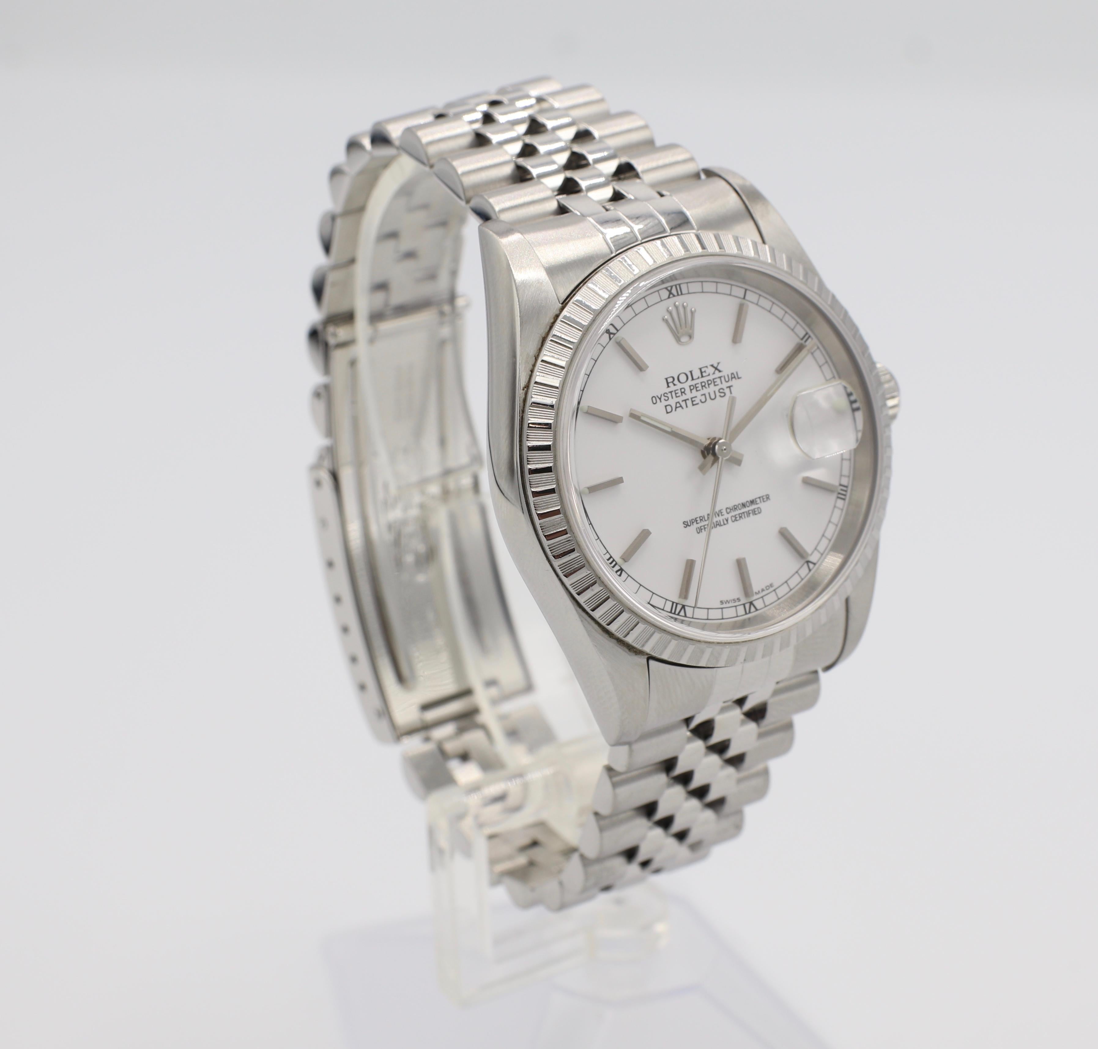 Rolex DateJust 16220 Stainless Steel White Dial Jubilee Bracelet Watch 

Model: 16220
Serial: F573***  (circa 2003-2005)
Case size: 36mm
Metal: Stainless Steel
Bracelet: Jubilee
Dial: White
Movement: Automatic
Crystal: Sapphire
Box included as